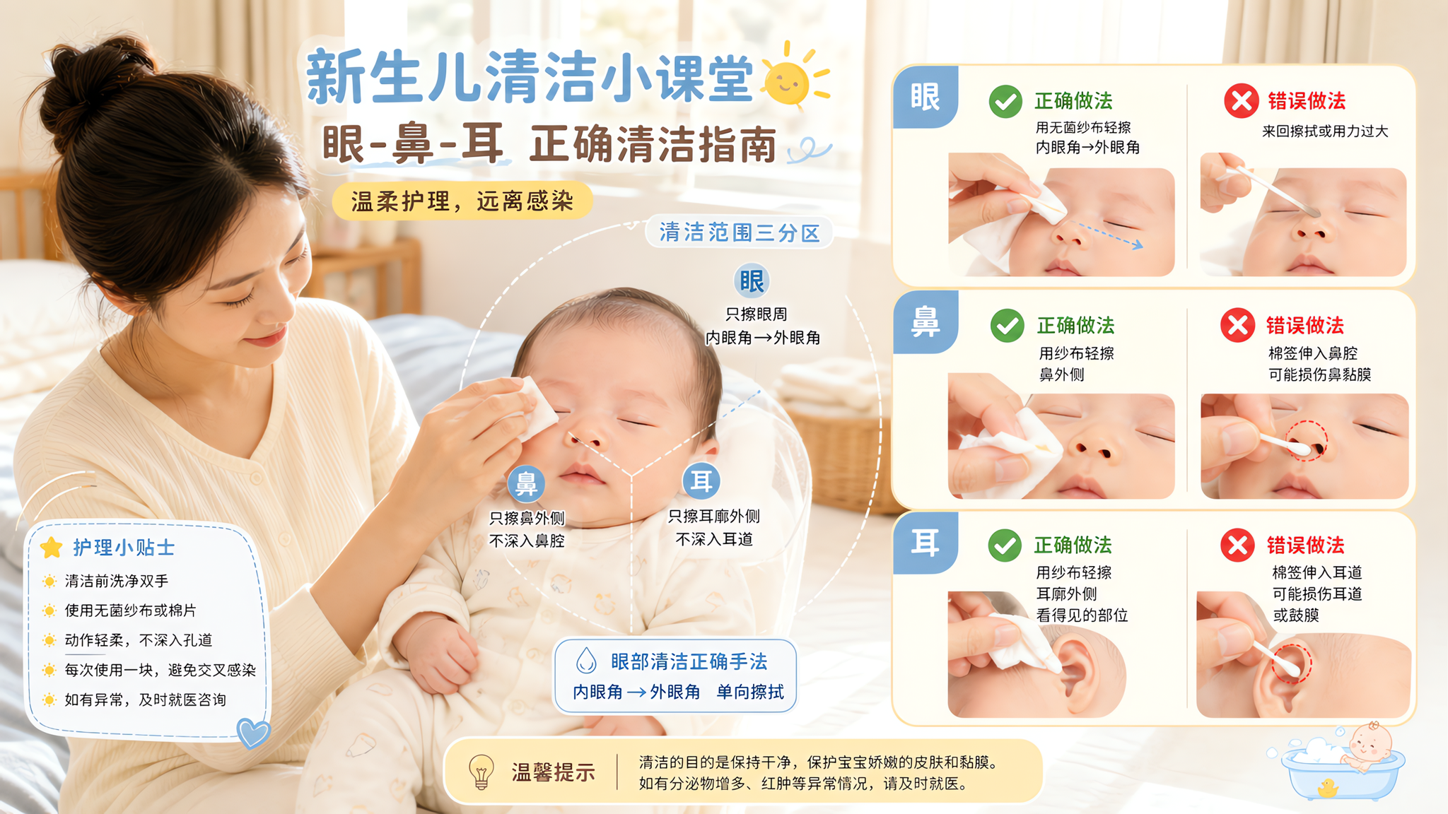 竖版信息图风格插画,场景为中国家庭卧室的晨光环境,一位中国年轻妈妈抱着中国新生儿(不露出隐私部位,宝