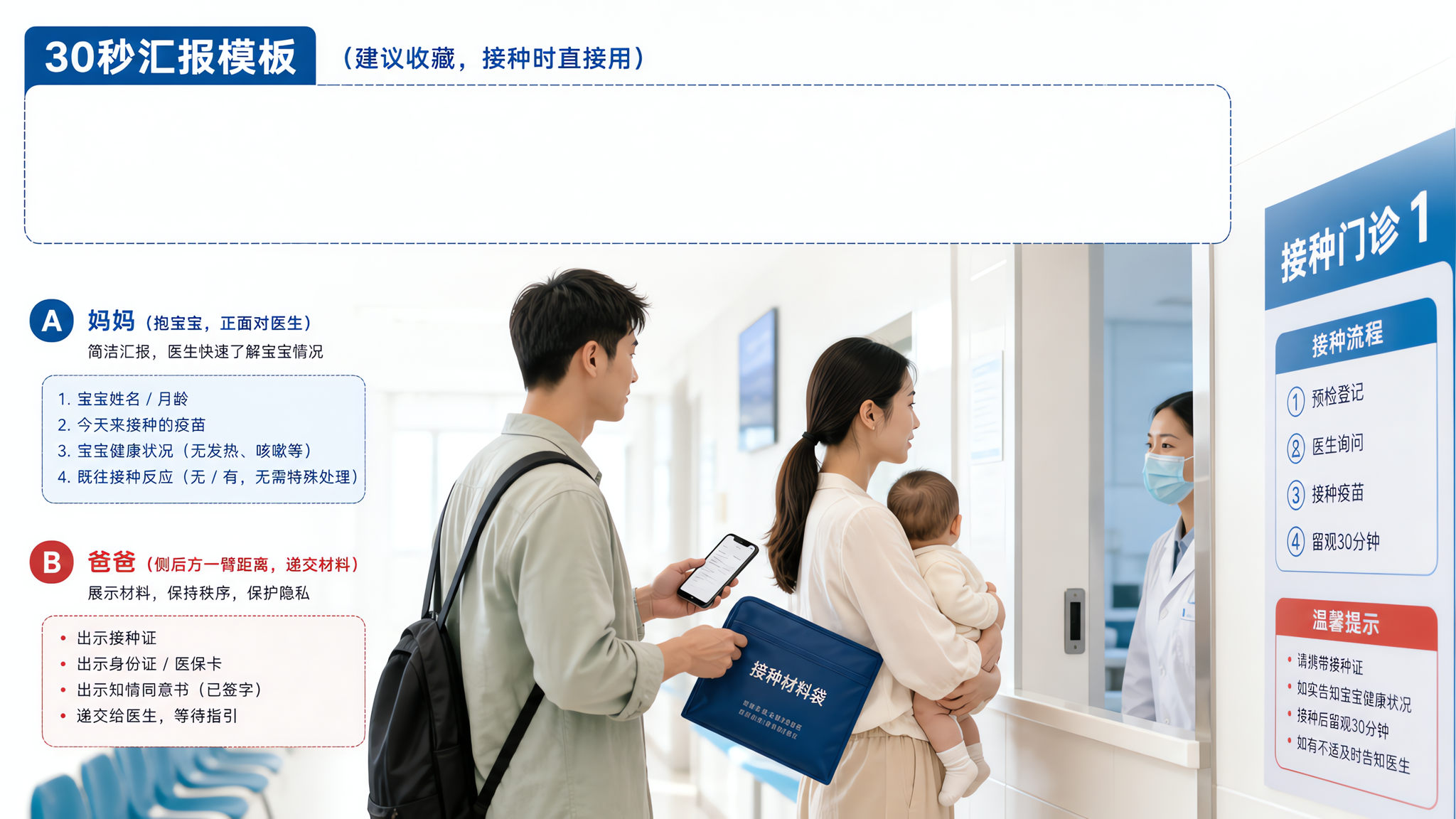 中国社区卫生服务中心或接种门诊的走廊场景,中国年轻父母带0-1岁中国婴儿接种,画面核心主体为“双人协