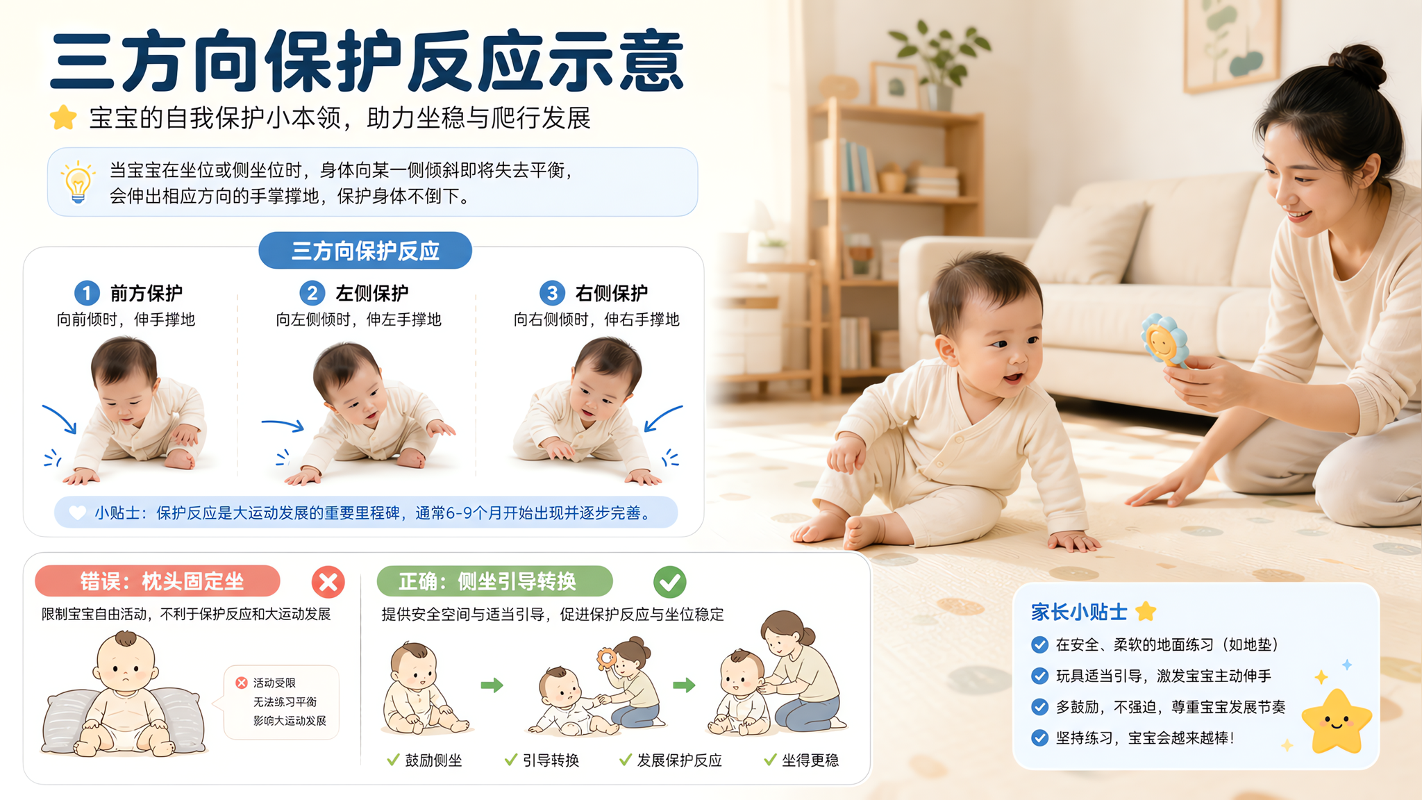 画面为一张信息图风格的育儿科普配图,场景为中国家庭客厅的软垫地面;一位中国婴儿(约6-9个月)在地垫