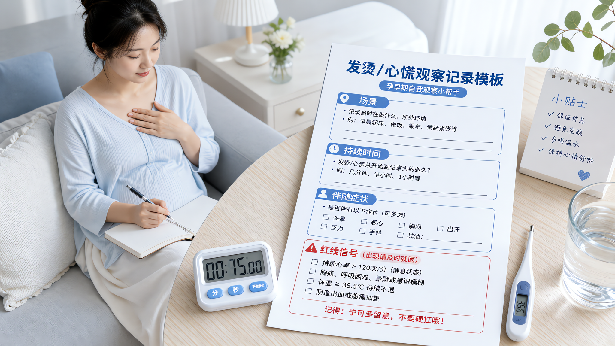 清爽蓝白色调的健康科普配图，场景为明亮干净的卧室床头或客厅桌面，中国孕早期年轻女性坐在沙发上手轻放胸