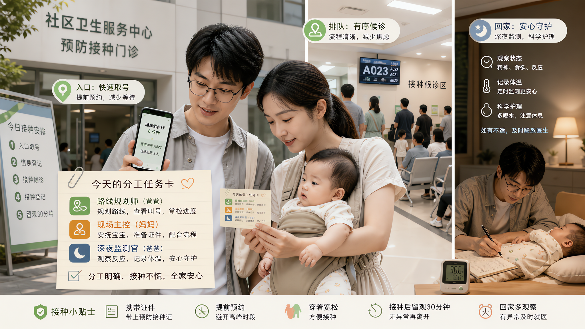 中国年轻三口之家在夏季社区门诊接种场景中,爸爸手持手机查看路线与叫号信息、另一只手拿着“任务卡”样式