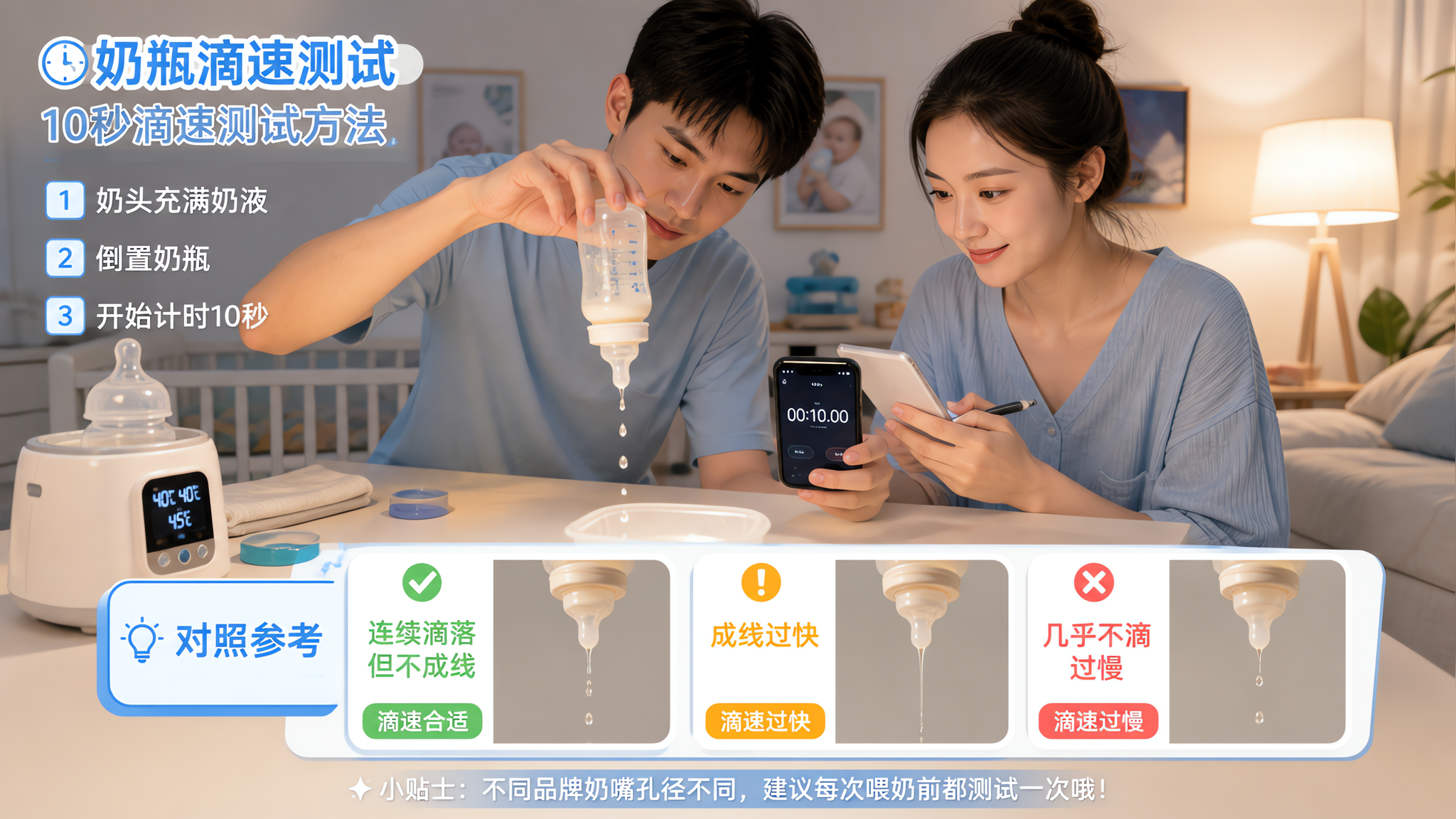 中国年轻妈妈与中国年轻爸爸在夜晚的卧室/客厅育儿角落,桌面上有奶瓶与温奶,爸爸将奶瓶倒置进行“10秒