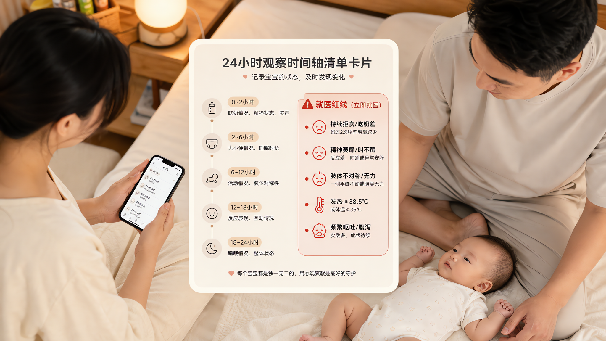 中国年轻父母在家中卧室/客厅的柔和灯光下,妈妈拿着手机记录时间线,爸爸在旁边轻轻观察中国婴儿的精神状