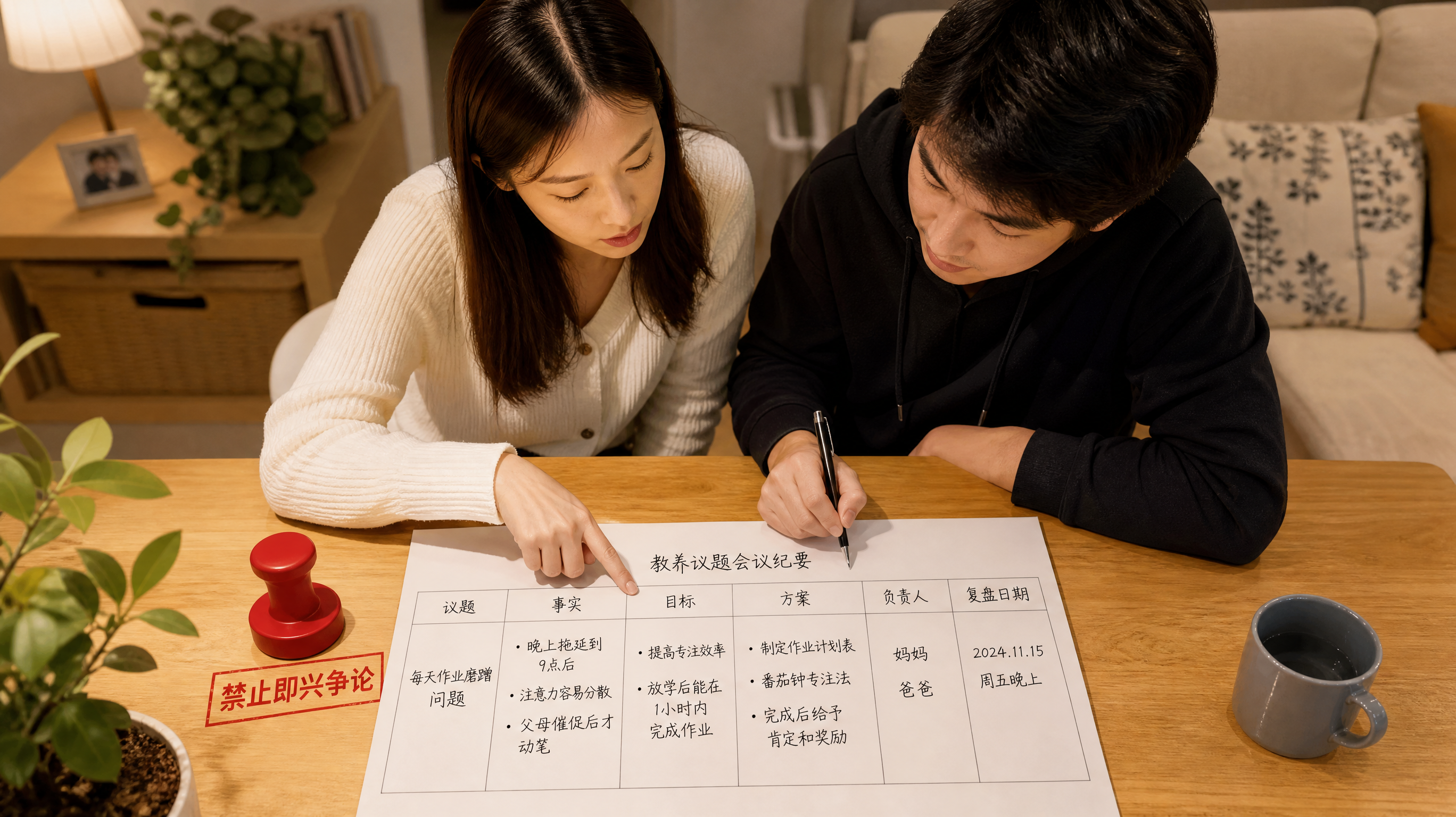 中国年轻夫妻在家中餐桌旁进行“教养议题会议”，桌上摆放一张会议纪要纸（清晰可见栏目：议题、事实、目标