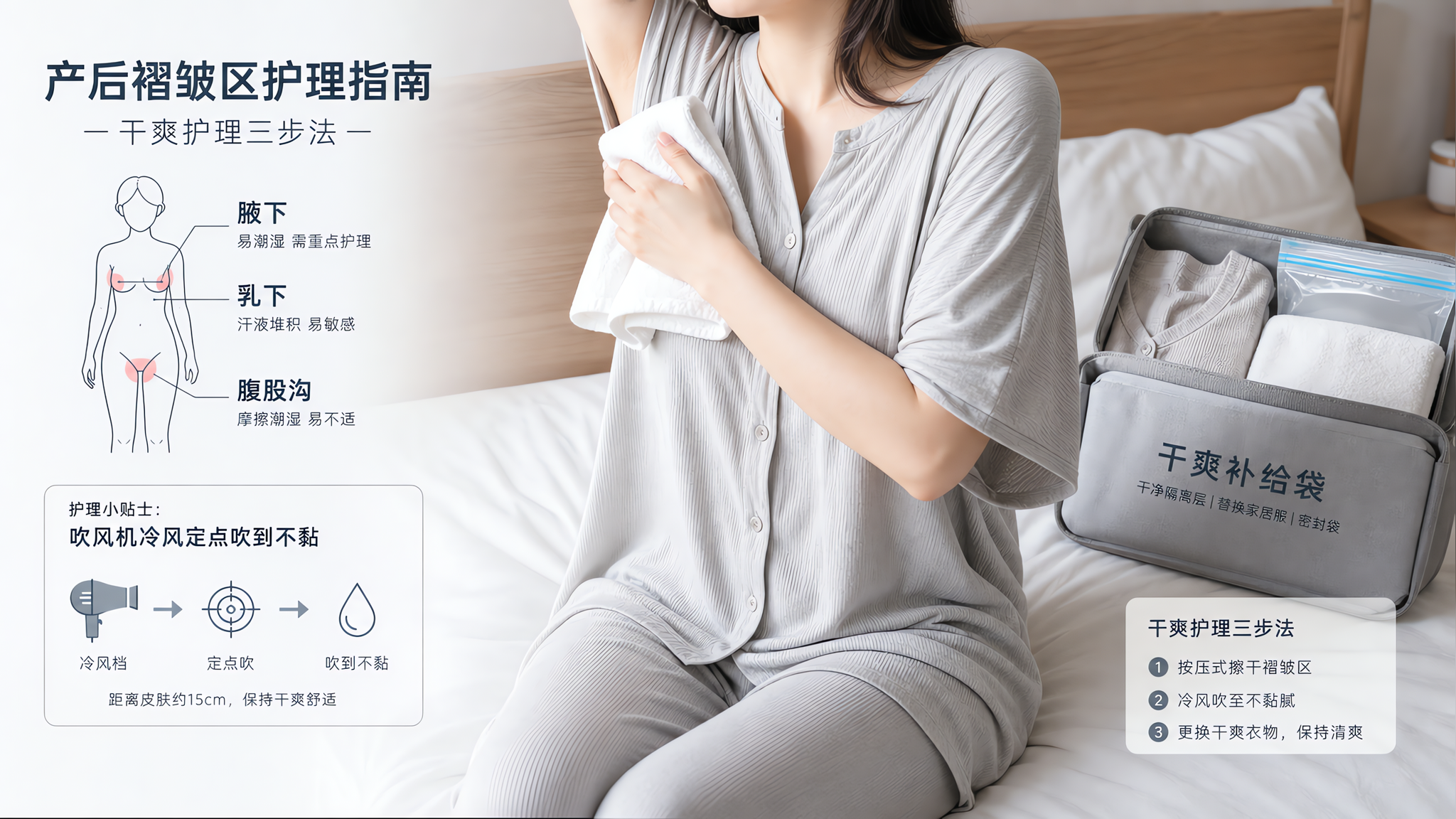 8月坐月子褶皱区总是又痒又黏？一套分区干燥减摩擦法