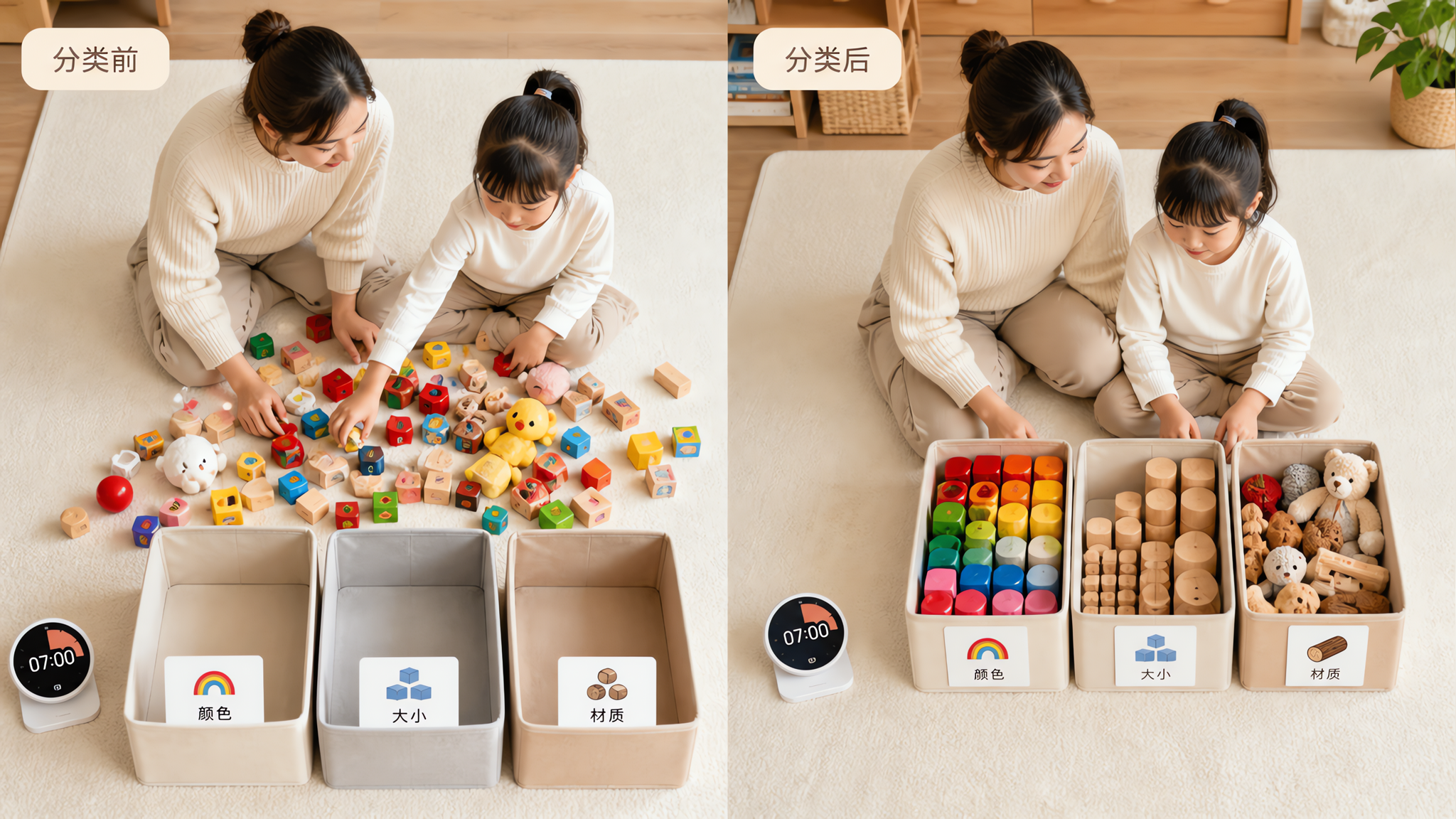 俯拍视角，中国年轻妈妈与中国5-7岁儿童在家中客厅地毯上进行玩具分类收纳训练，桌面/地毯上摆放三种收