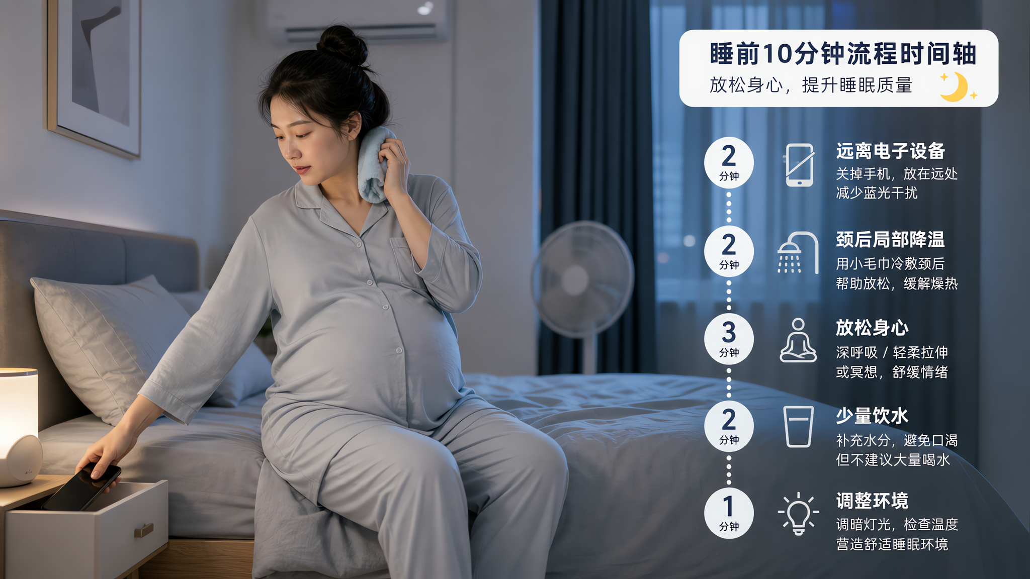 夜晚卧室场景，中国孕妇（孕中晚期）穿宽松睡衣，坐在床边做睡前准备，一手把手机放到远离枕边的床头柜抽屉