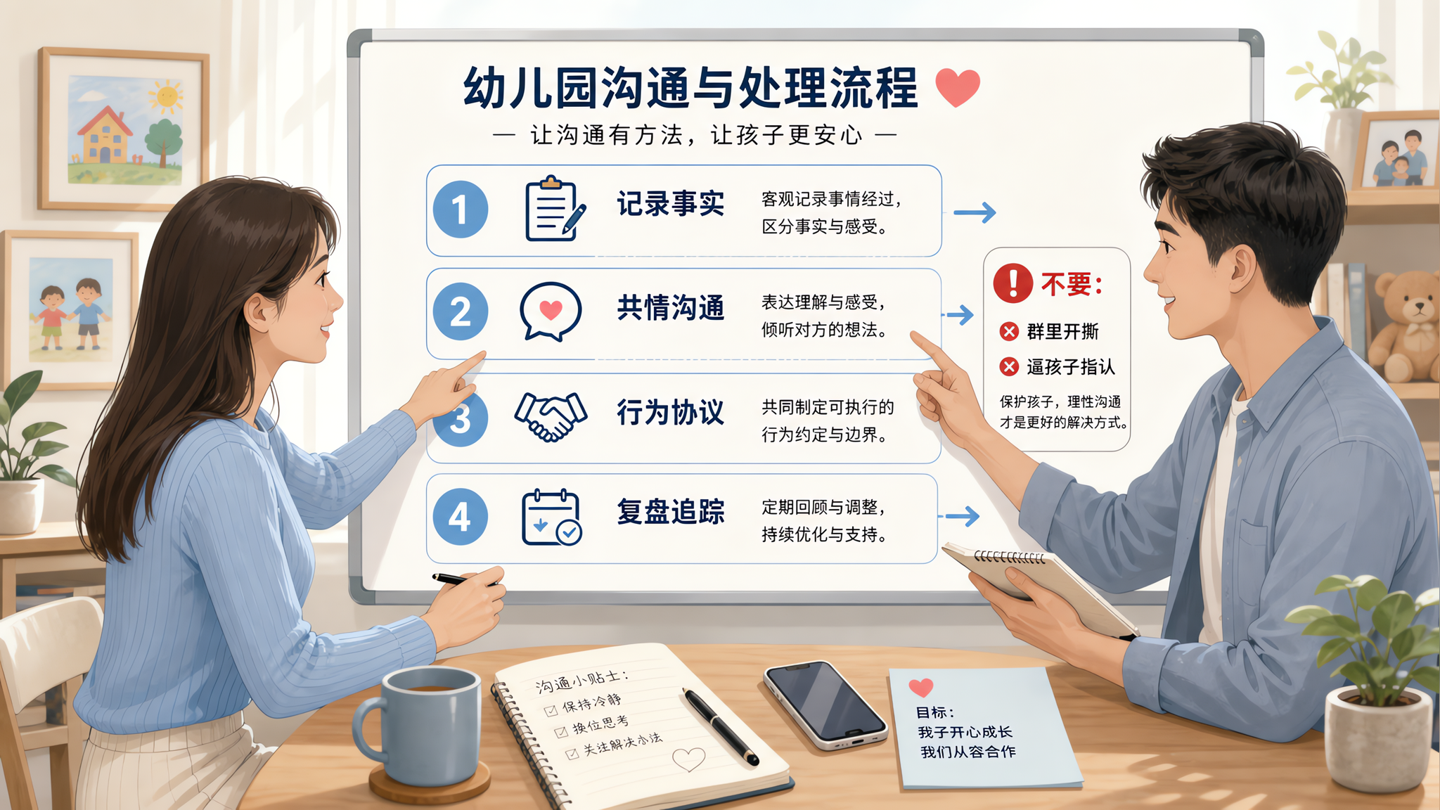 一张适合小红书的流程图风格插画海报，场景为幼儿园沟通与处理流程展示；画面主体是一张白板/便签墙，上面