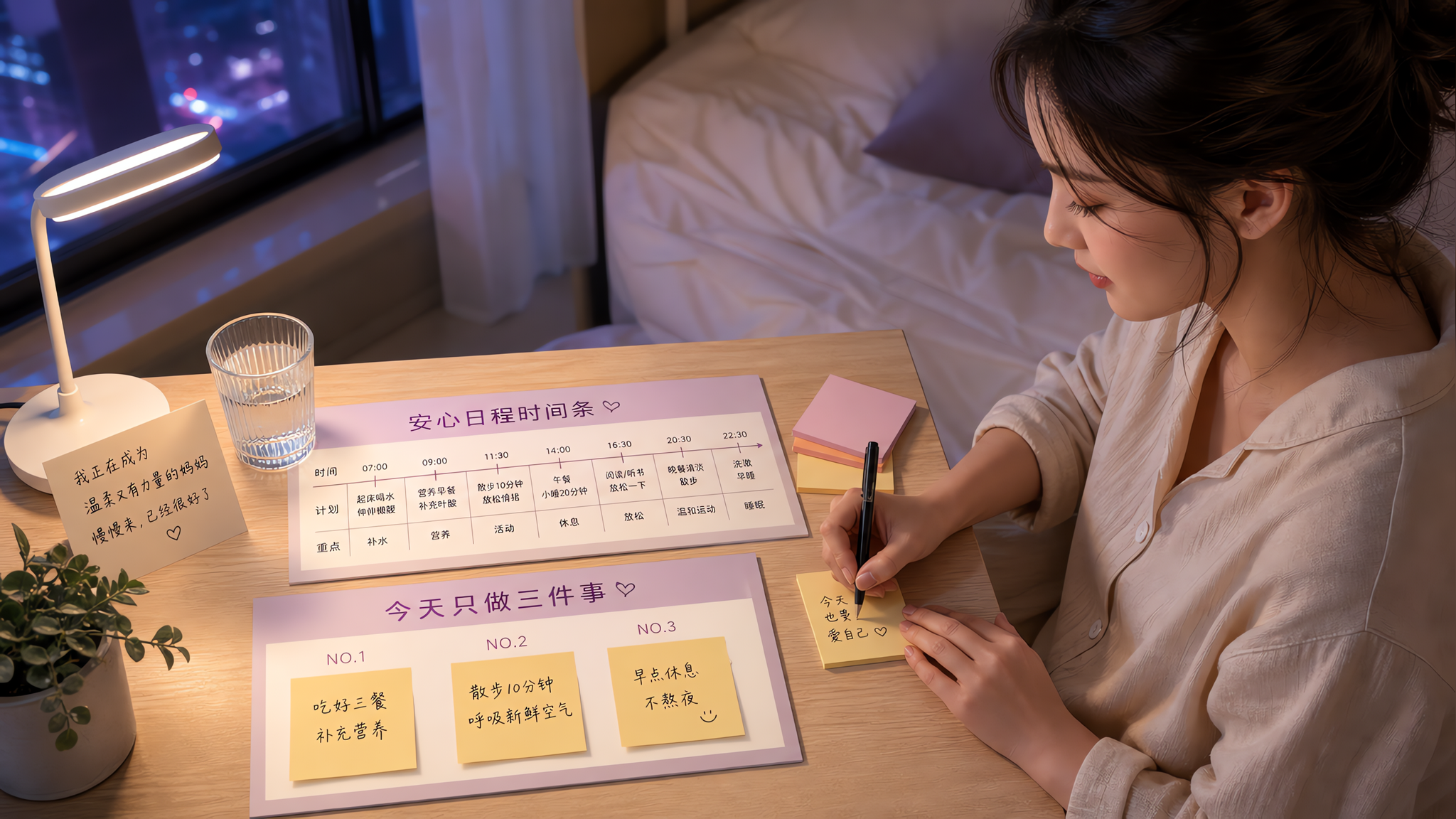 中国年轻孕早期女性在夜晚卧室里，穿着宽松家居服坐在床边整理便利贴清单与时间条，桌上有“安心日程时间条