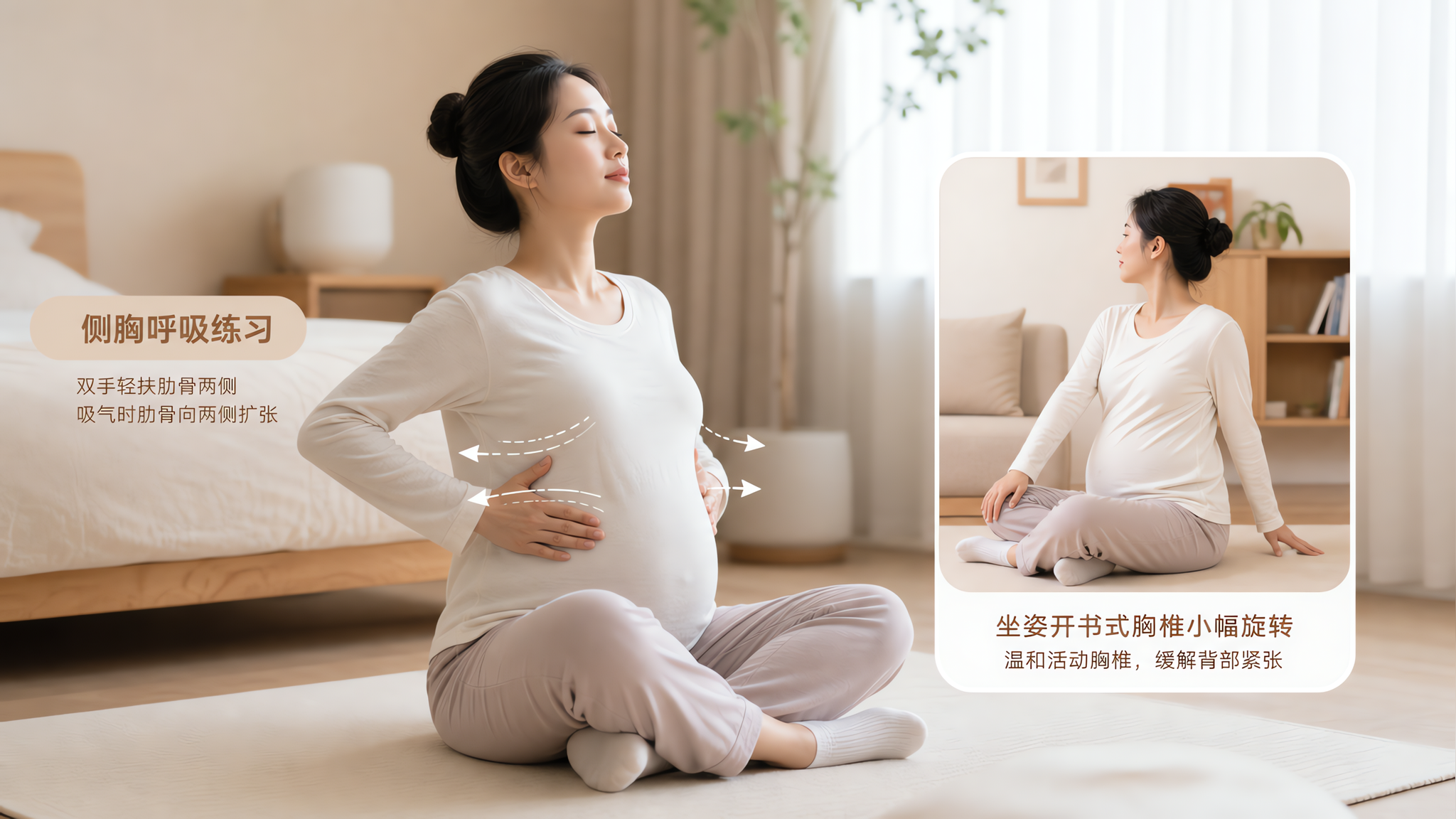 中国孕晚期女性在室内浅米色温柔背景中进行侧胸呼吸练习，人物穿宽松居家运动服，双手轻扶在下位肋骨两侧，