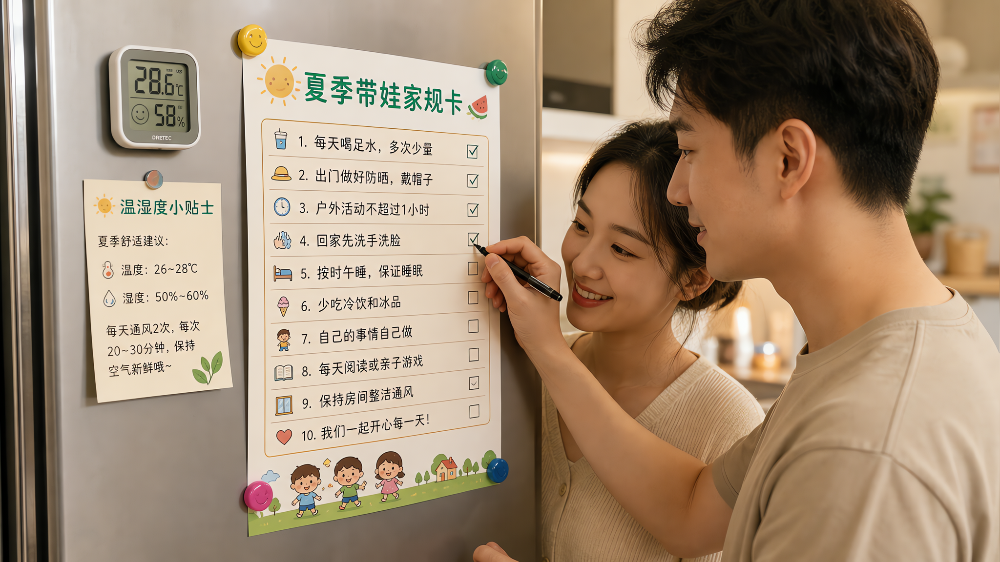 中国家庭厨房场景,冰箱门上贴着一张可打印的“夏季带娃家规卡”和一张温湿度小贴士便签,旁边有一个小型电