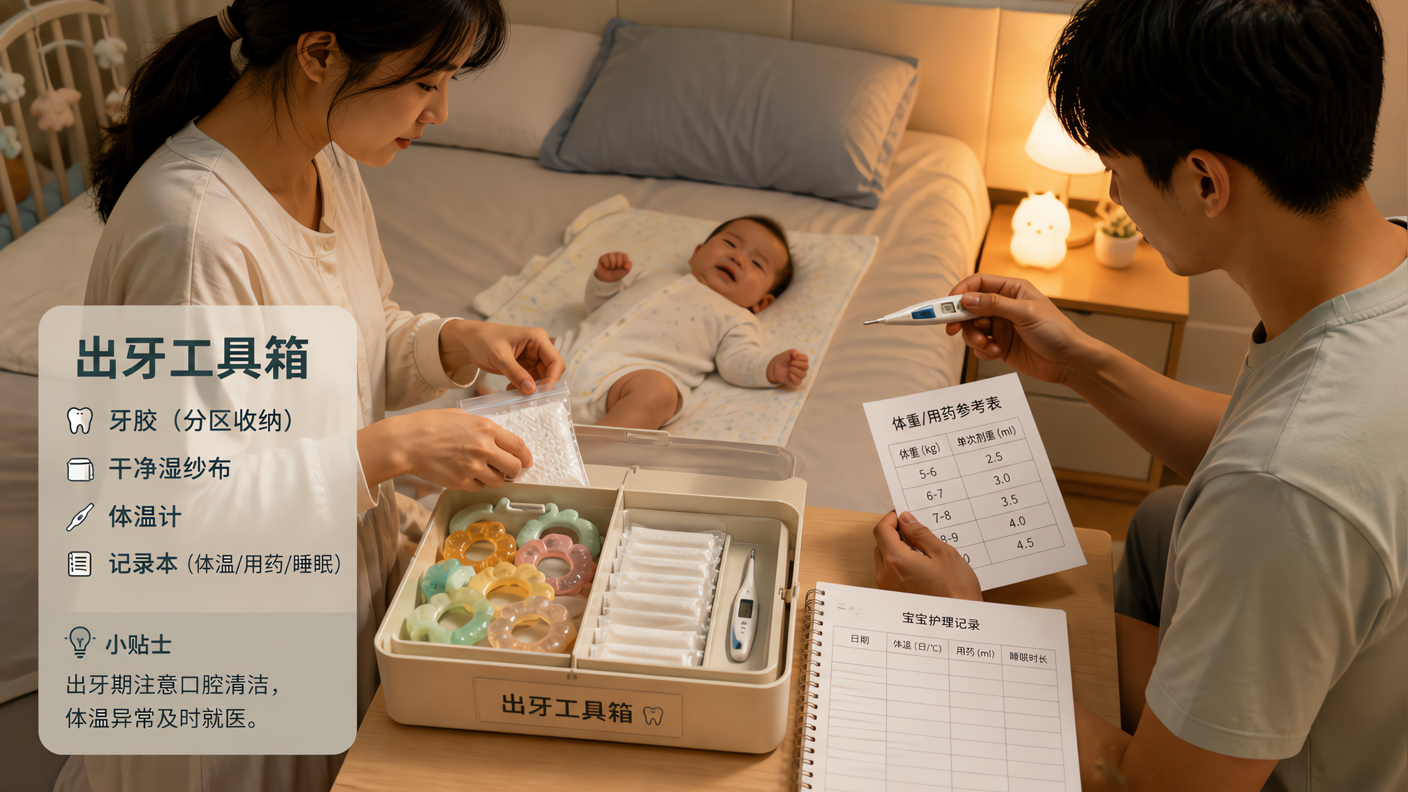 中国年轻父母在卧室夜间柔和灯光下照顾中国婴儿,妈妈在床边准备冷藏牙胶和干净湿纱布,爸爸在一旁查看体温