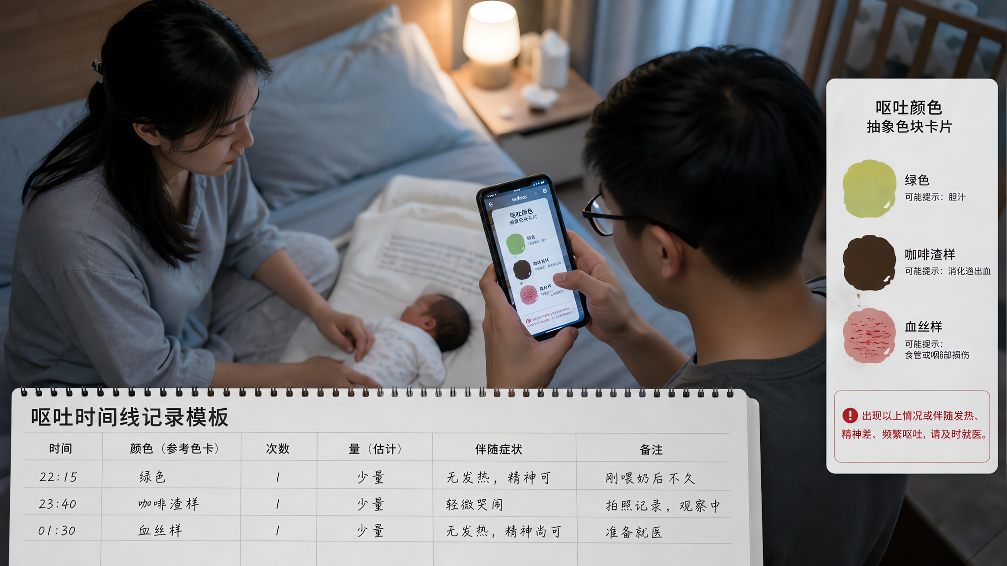 中国年轻父母在夜间卧室床边照看中国新生儿,妈妈坐在床边神情紧张但克制,爸爸用手机在不使用滤镜的情况下