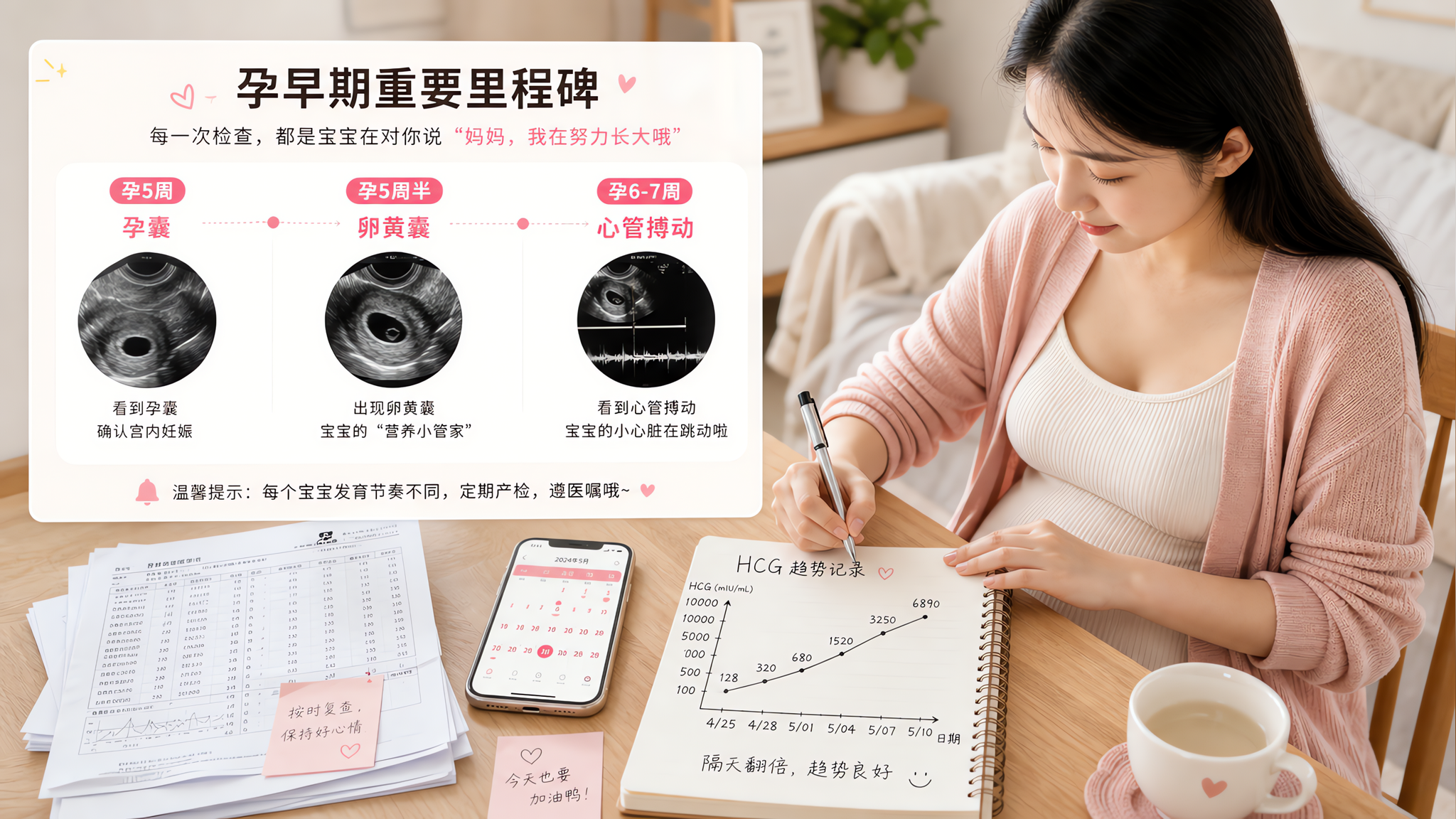 竖版信息图场景，中国年轻孕妇坐在家中餐桌前，用笔在笔记本上画HCG趋势曲线并标注日期，旁边放着整齐叠