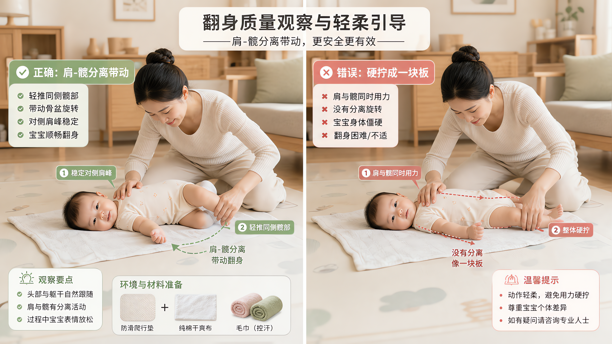 中国年轻妈妈在家中原木风客厅地垫旁,给中国婴儿做翻身质量观察与轻柔引导,婴儿穿包屁衣少穿衣便于观察,