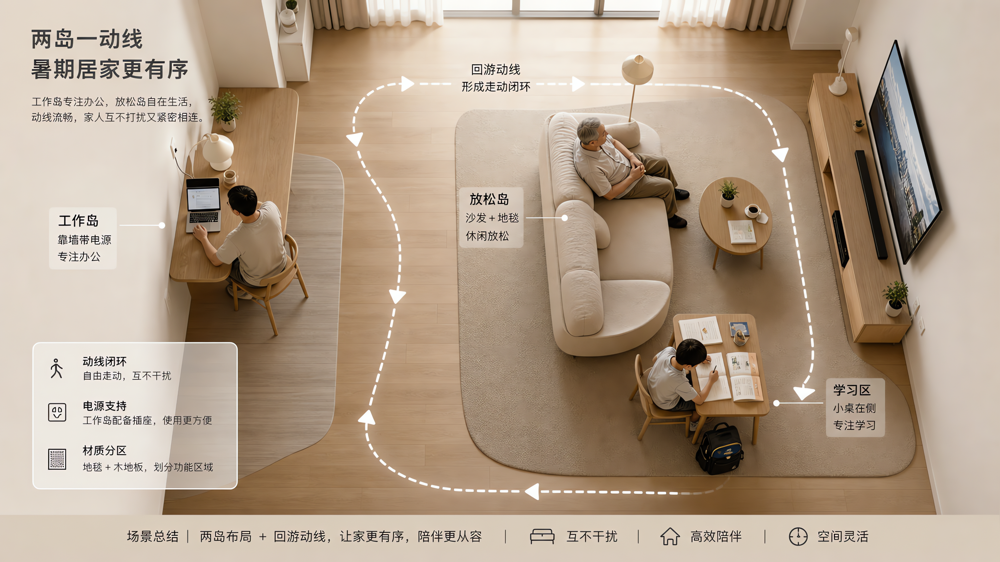 暑假客厅总抢位？用“双岛+回游线”一把解拥挤