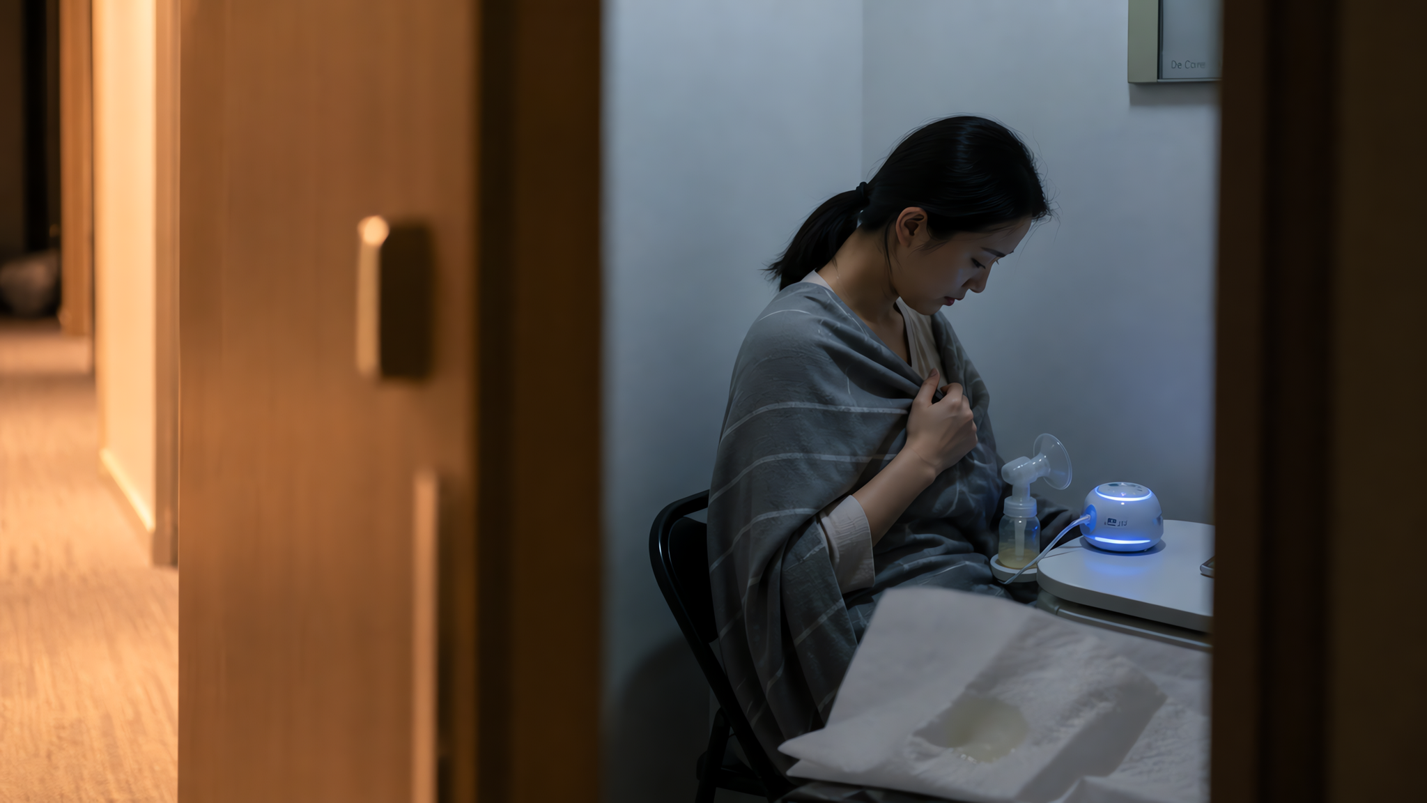 中国职场年轻妈妈在公司一间狭小的吸奶室内坐在折叠椅上，身旁小桌放着泵奶器发出微弱蓝光，妈妈披着小毯子