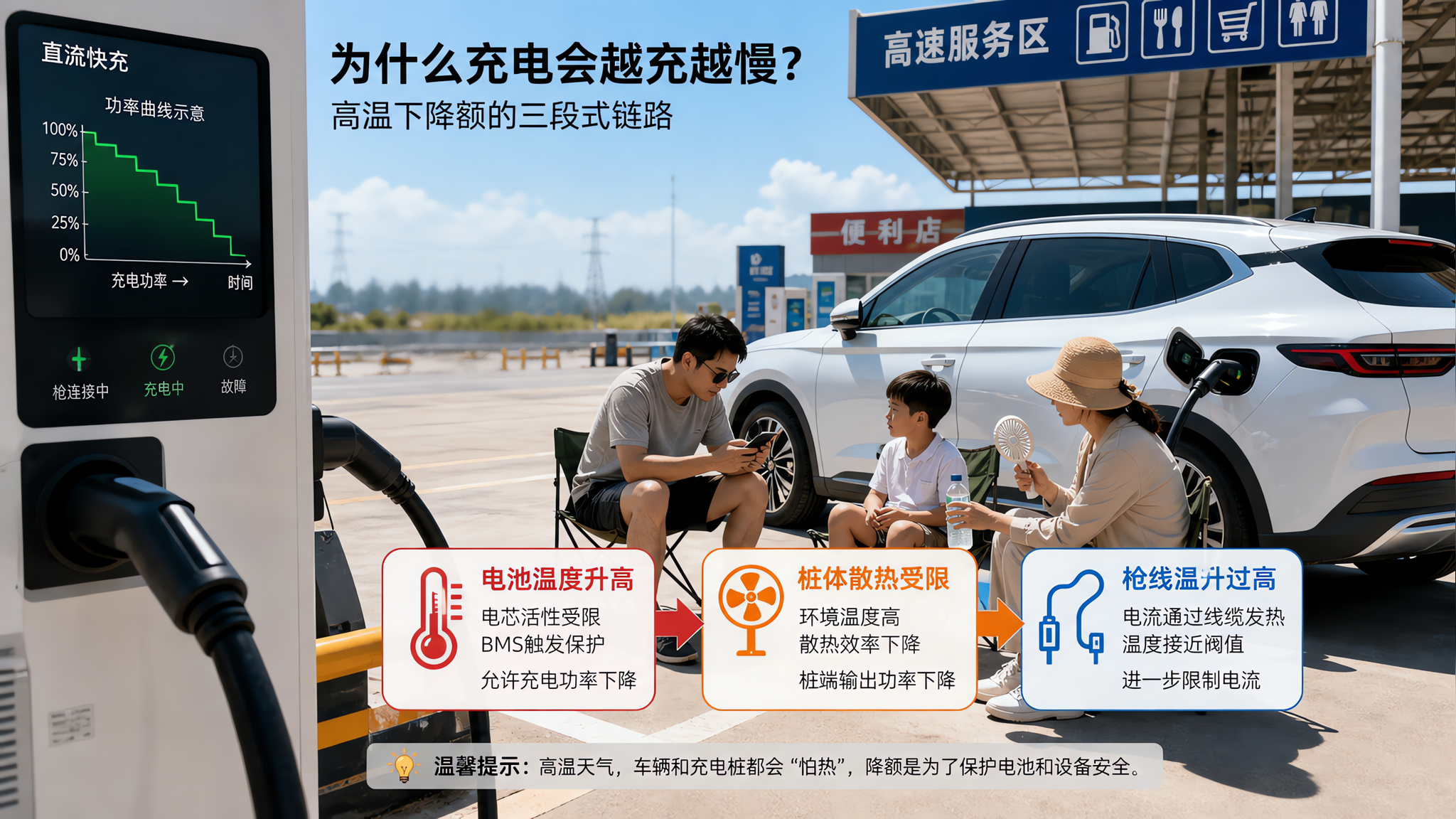 炎热夏季的高速服务区充电站场景，中国年轻父母带着中国小学生在电动车旁休息，车正在直流快充，充电桩屏幕