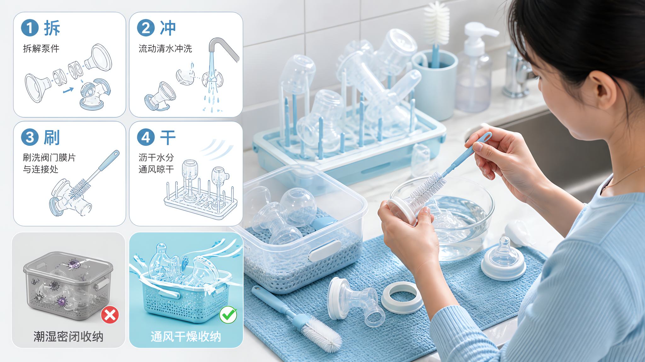 中国年轻妈妈在家中厨房/餐边台的清洁角落进行吸奶器泵件清洁与风干收纳演示，人物动作是拆解泵件并用小刷