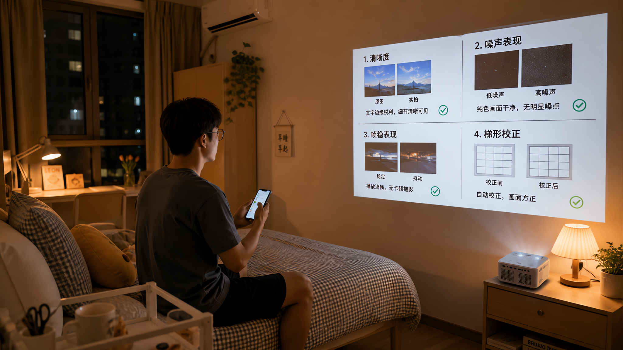 中国租房卧室夜晚场景，一位中国年轻人坐在床边，正在用便携投影仪投影到白墙上，墙面画面分成四角对比区域