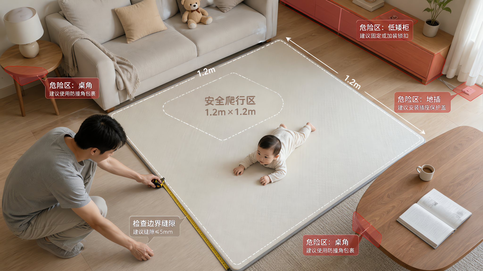 俯视角构图的中国家庭客厅场景，一块1.2m×1.2m的婴儿安全爬行区清晰呈现，地垫为浅色低饱和防滑垫