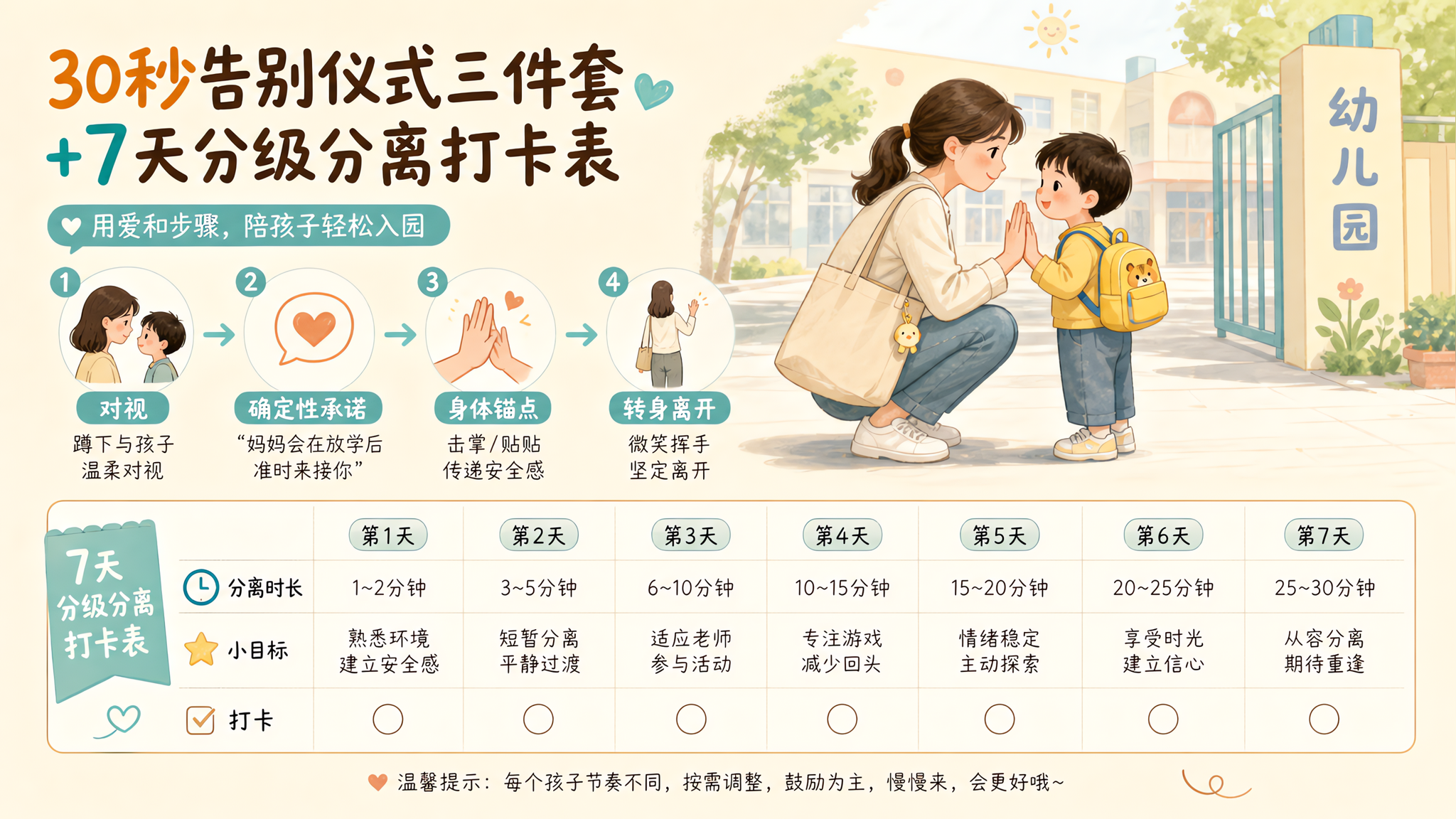 治愈系手绘信息图风格,画面主体为“30秒告别仪式三件套+7天分级分离打卡表”,场景是幼儿园门口,中国