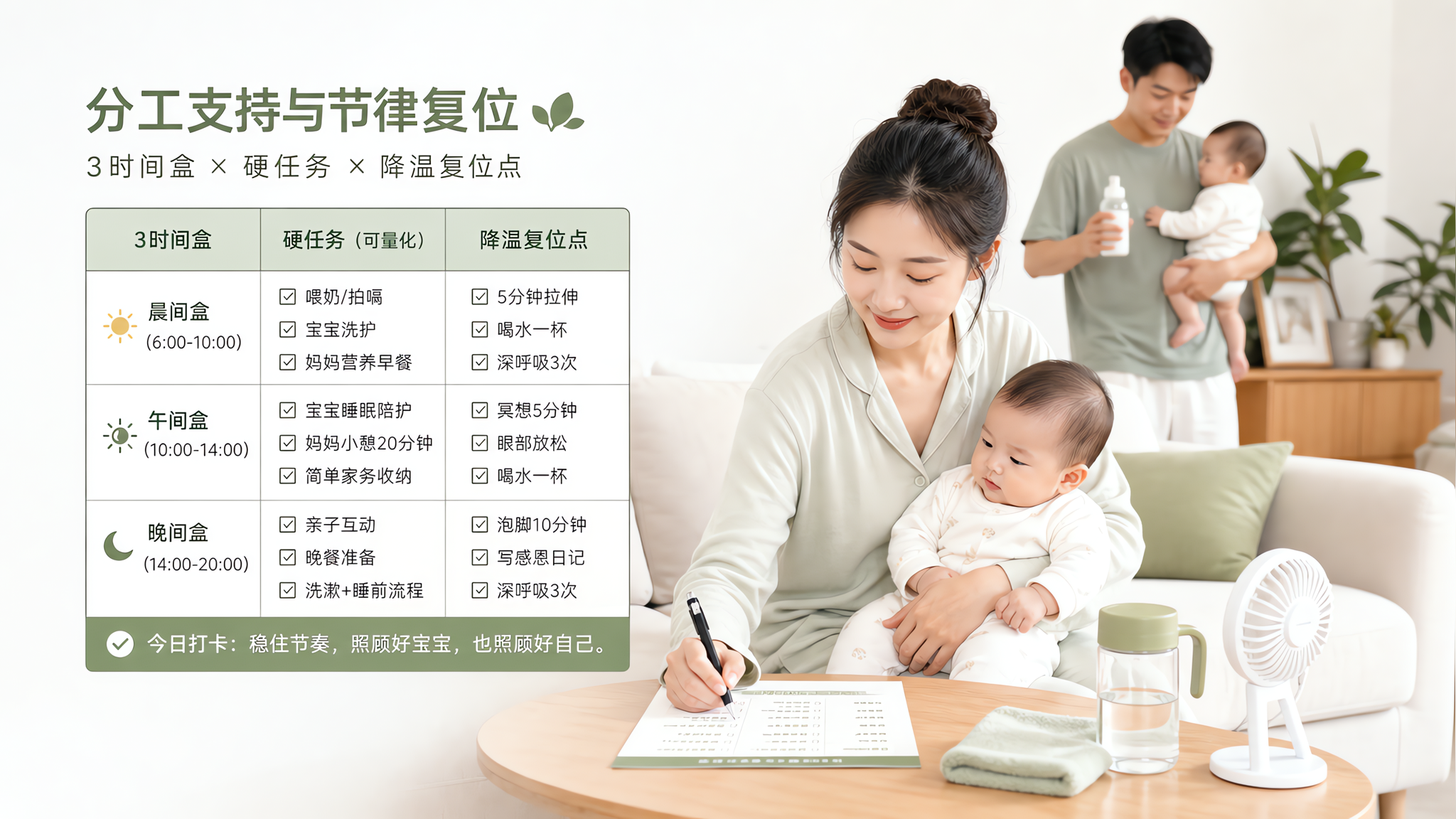 帮手一走白天就崩？照抄这份产后3时间盒复位表