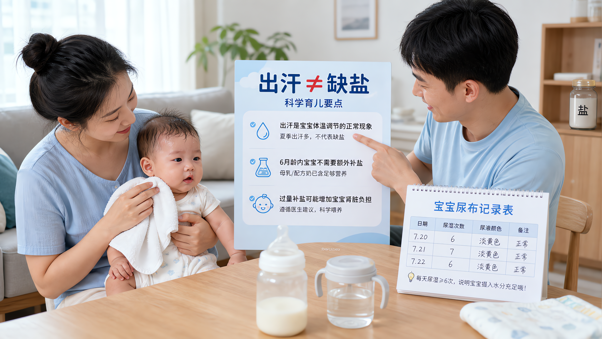 中国年轻父母在夏季家中客厅照顾中国婴儿的生活场景，妈妈抱着出汗的婴儿用柔软毛巾轻轻擦汗，爸爸在旁边指