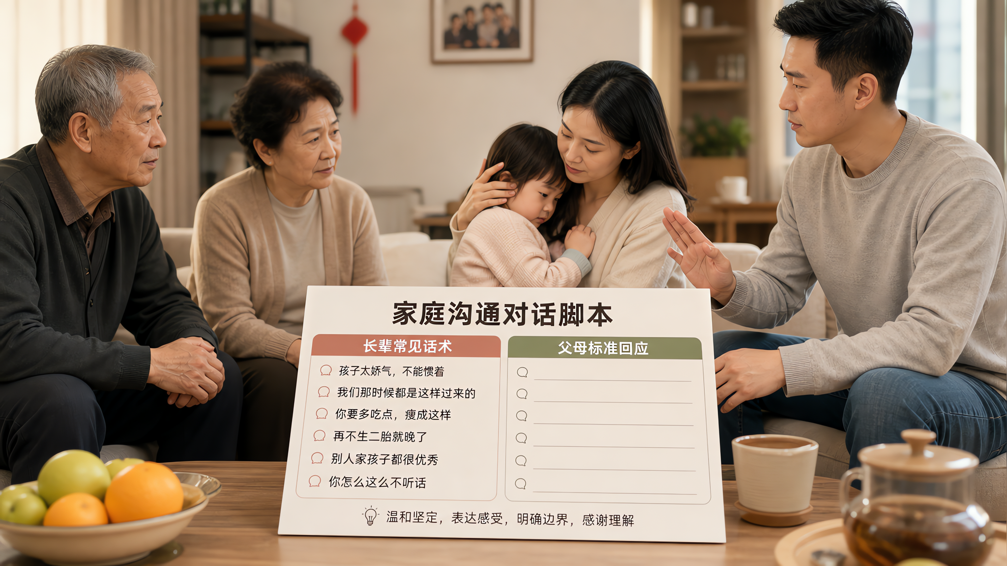 中国家庭聚会客厅场景，中国年轻妈妈抱着2-3岁中国幼儿轻声安抚，旁边中国爷爷奶奶表情克制但不激动，年
