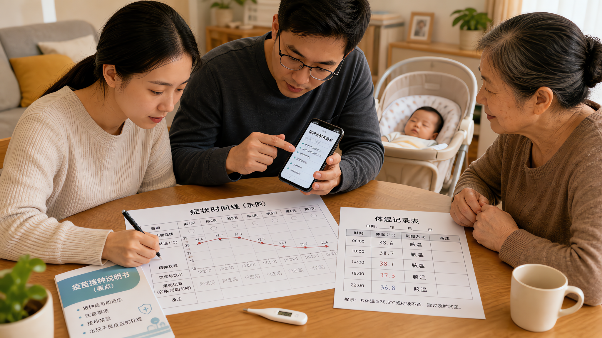 中国年轻父母在家中餐桌旁开小型家庭会议,桌上有纸质“症状时间线”模板和体温记录表,妈妈用笔记录体温曲