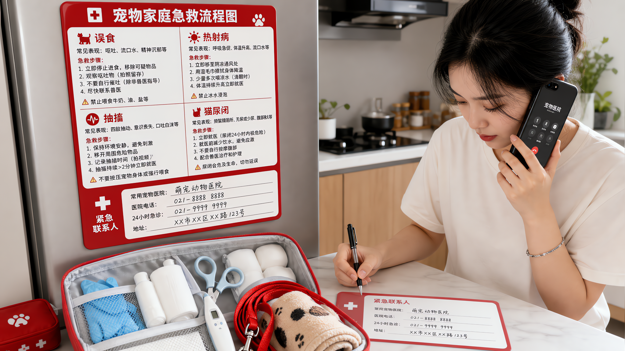 中国家庭厨房场景，冰箱门上贴着红白配色的“宠物家庭急救流程图”冰箱贴卡片（包含误食、热射病、抽搐、猫