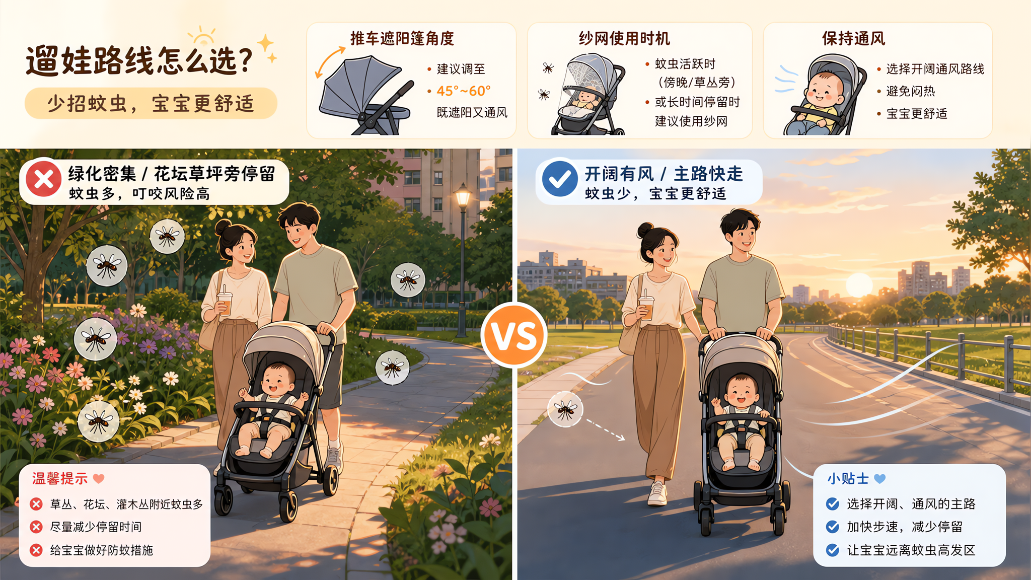 末伏傍晚遛娃防蚊：时间+路线+推车遮挡一套做对