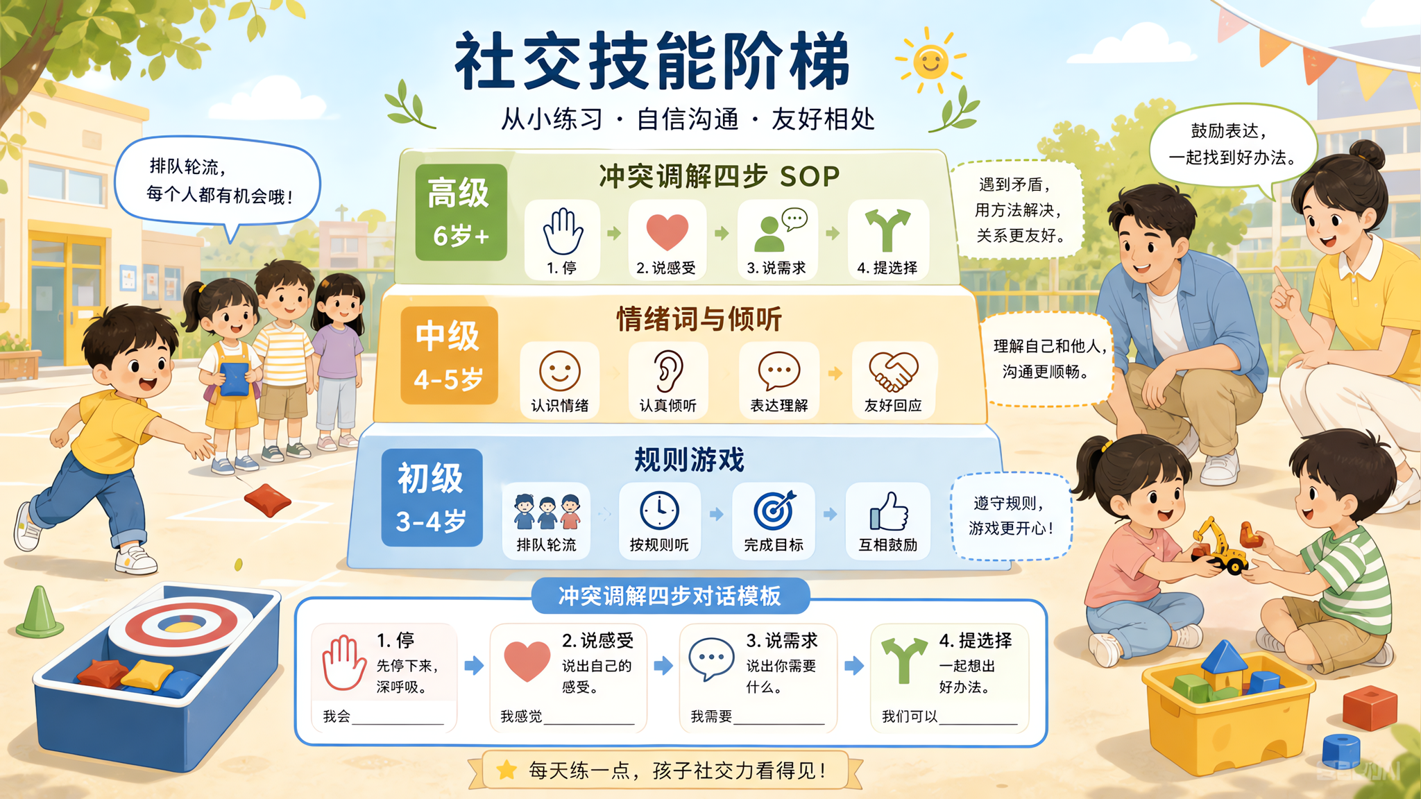 3-6岁社交力别硬教：规则游戏+情绪词+冲突四步就够了