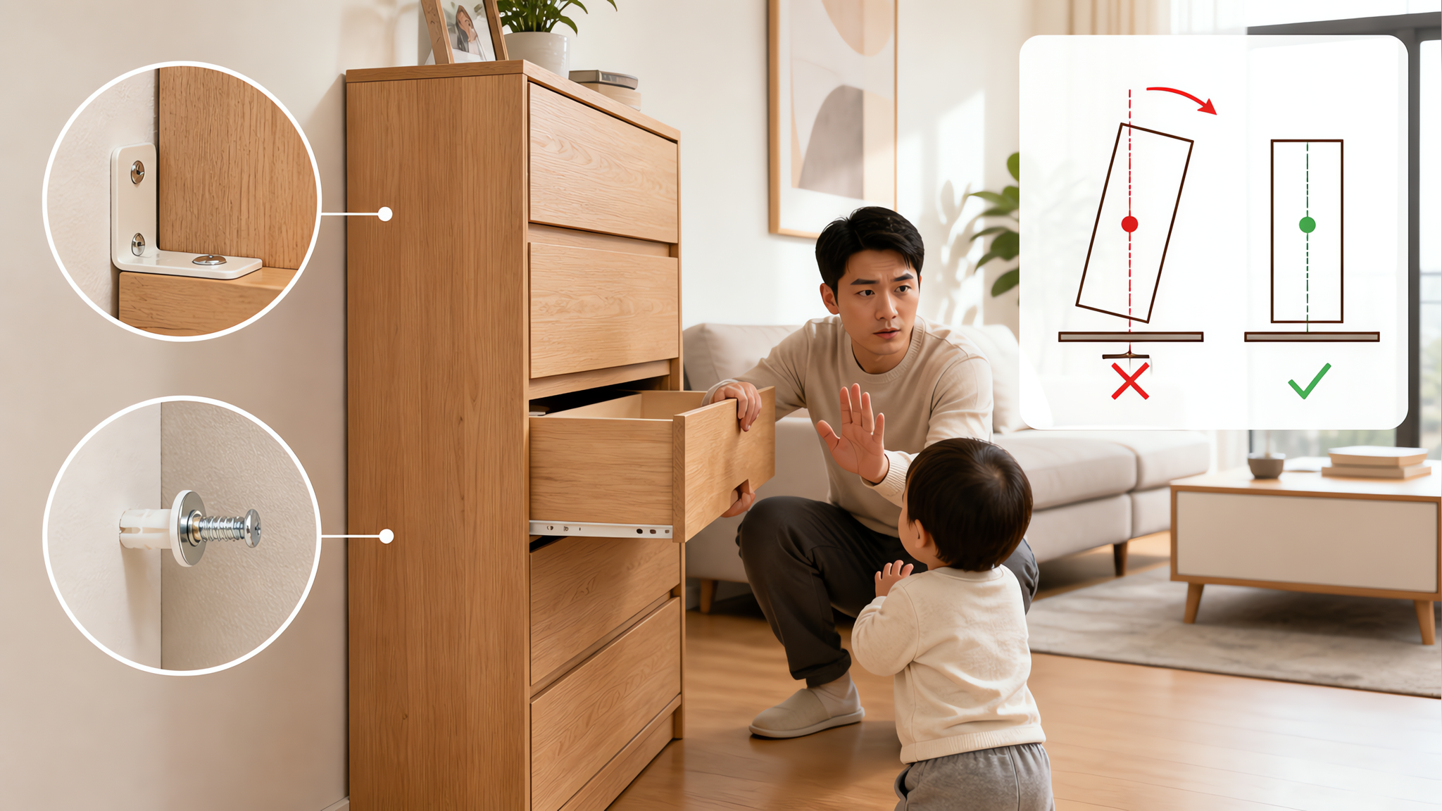 防撞角贴满也没用：真正要防的是柜子翻倒