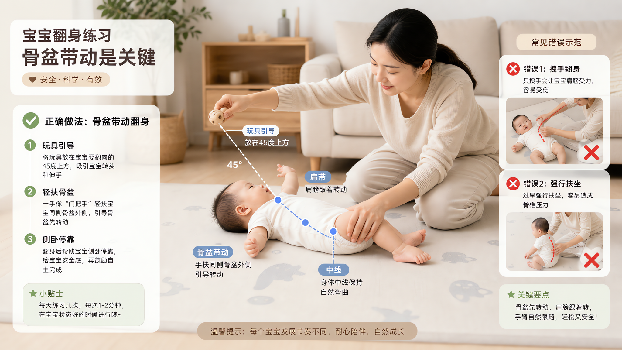 宝宝翻身总卡住？夏天用15分钟把动作练顺