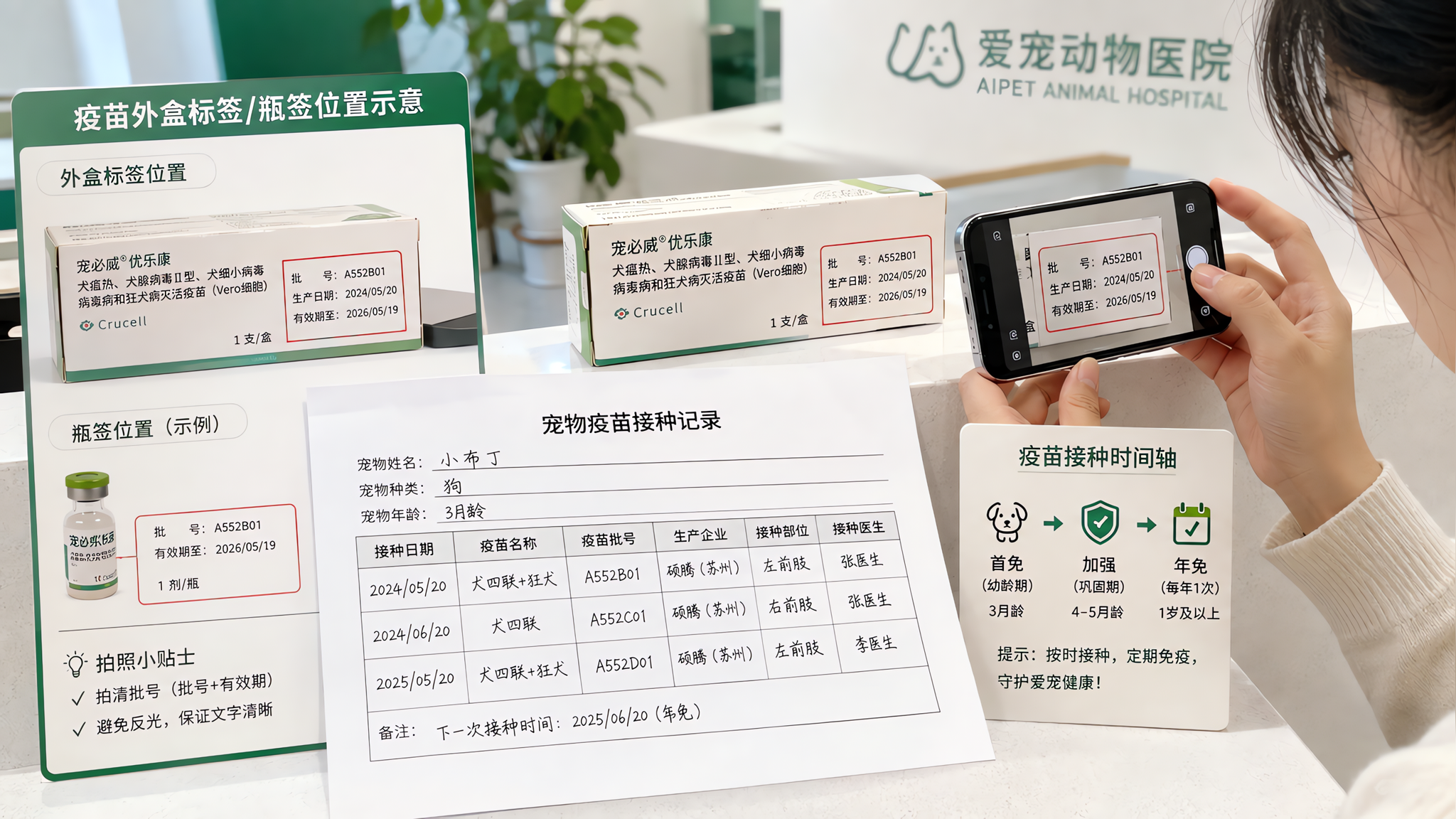中国年轻宠物主人在明亮的宠物医院前台,用手机拍摄宠物疫苗外盒标签与接种证明,画面中清晰呈现“疫苗外盒