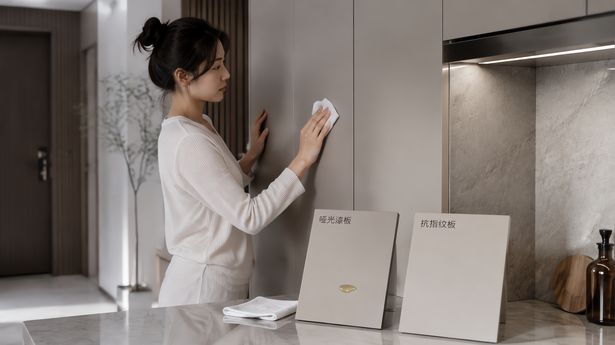 中国年轻女业主在新装修的静奢风厨房与玄关之间进行材料耐污对比测试,人物穿简洁家居服,手持白色软布轻擦