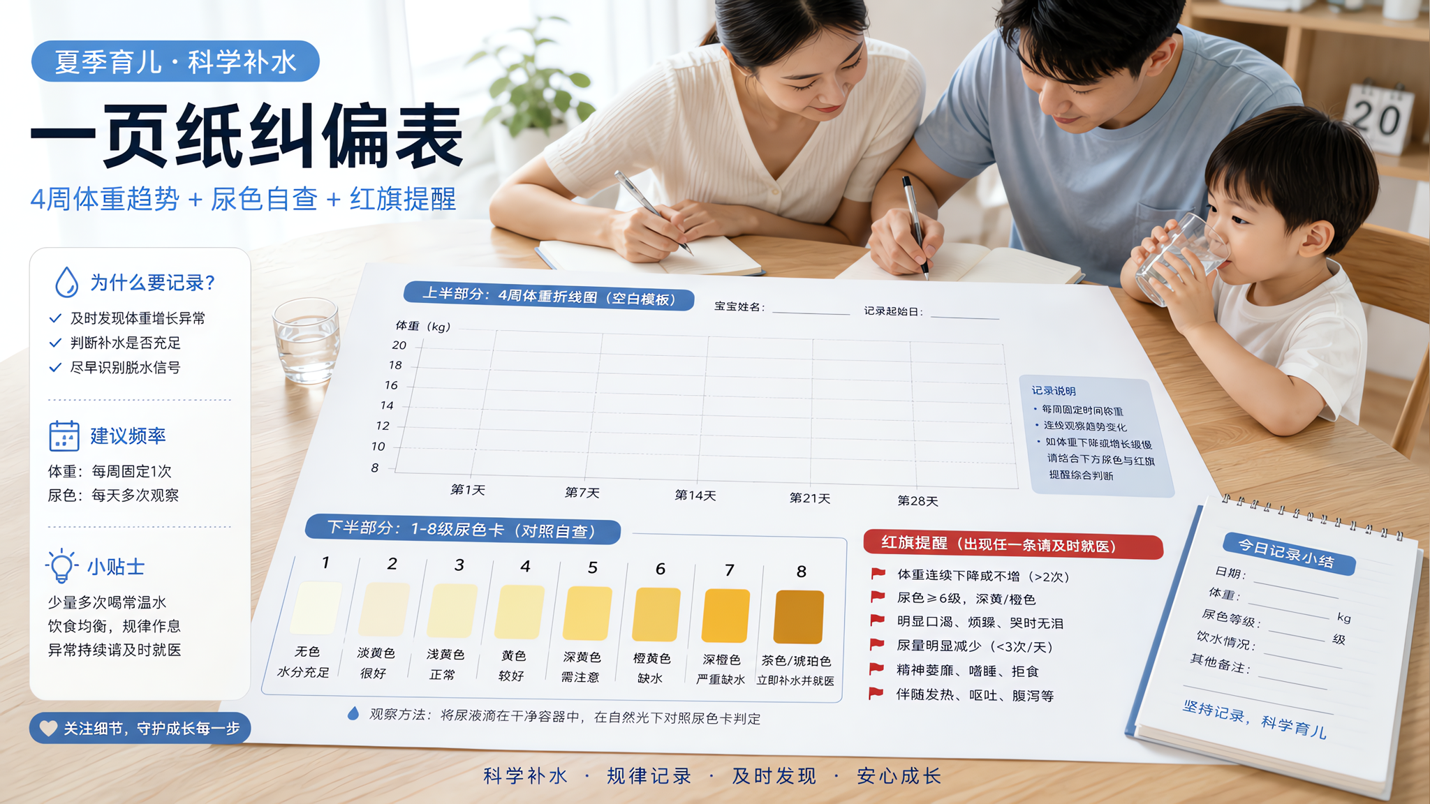 孩子夏天掉点体重正常吗？看4周趋势+尿色就够了