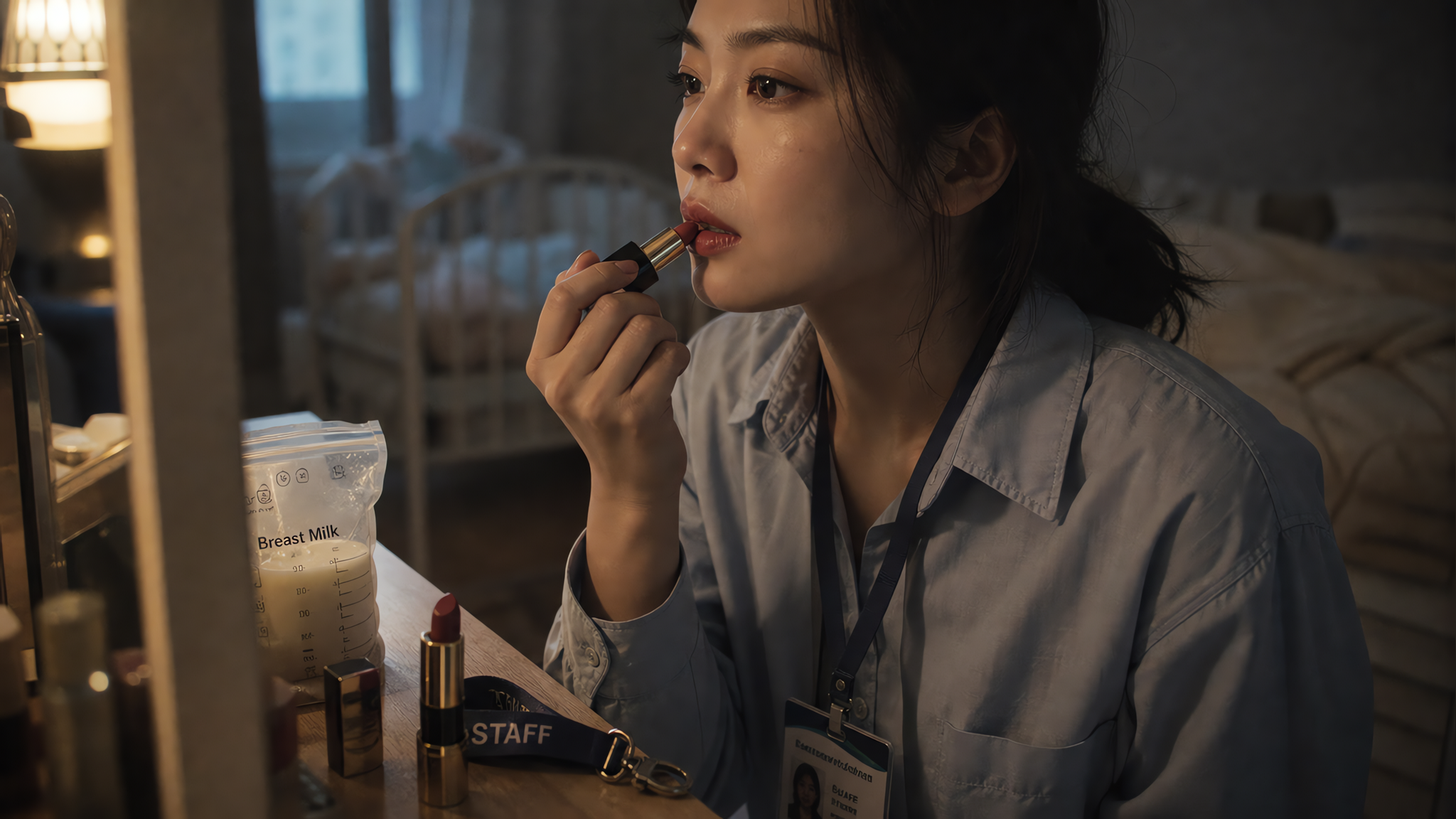 中国年轻妈妈在卧室梳妆台前准备复工，台面上口红与储奶袋同框，旁边放着工牌挂绳；妈妈半侧脸对着镜子涂口