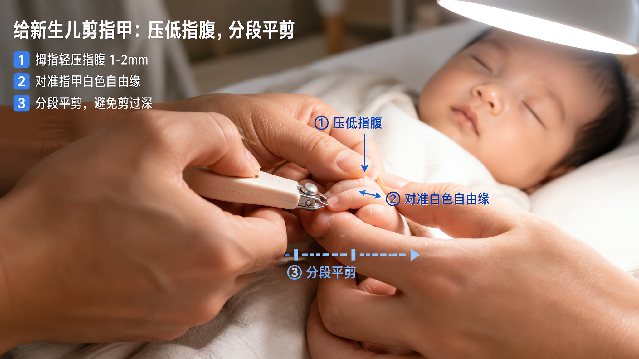 新生儿指甲别等满月：1–2mm压指腹剪甲法