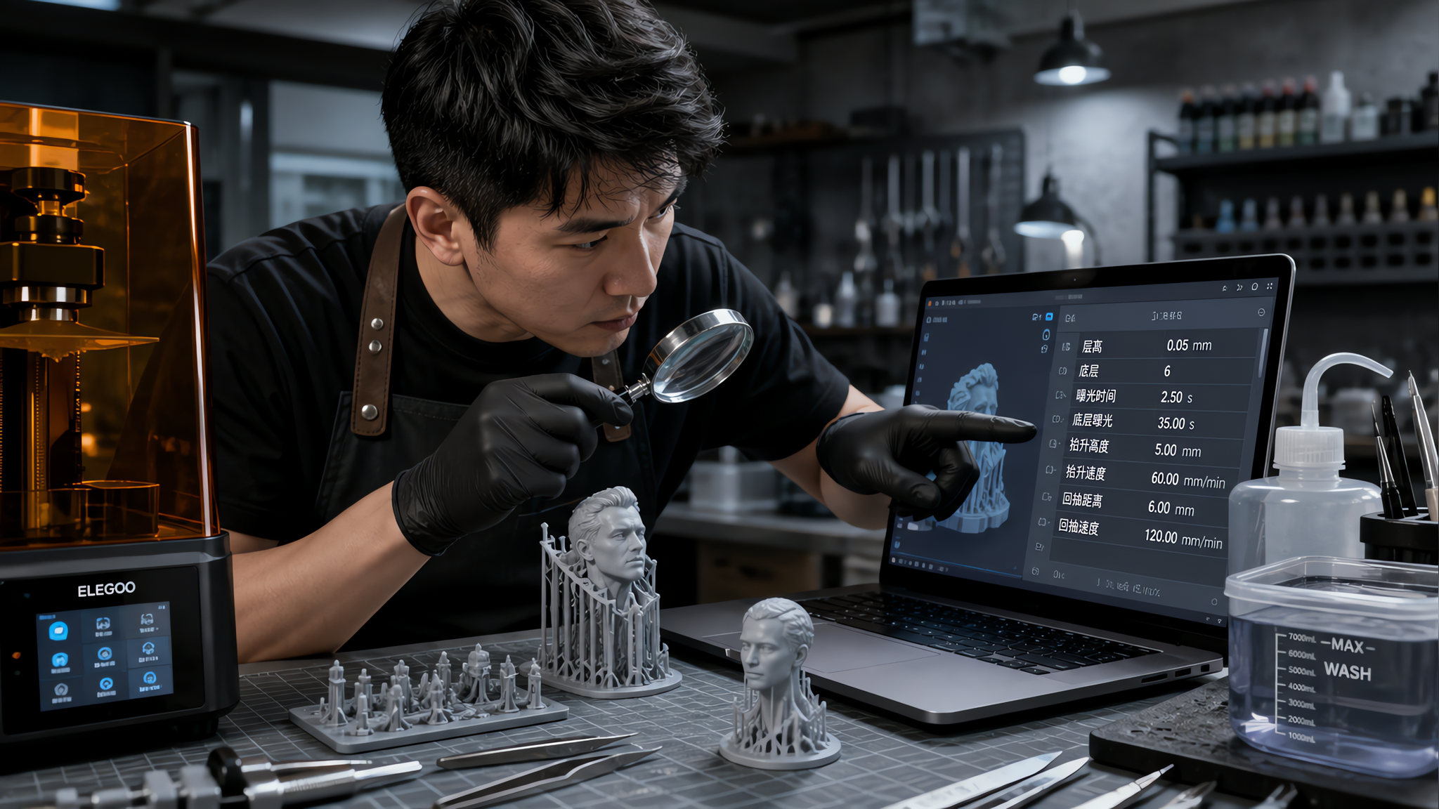 中国男性模型玩家在硬核工坊工作台前操作树脂3D打印机,桌面有打印完成的手办头雕与支撑结构,旁边放着笔