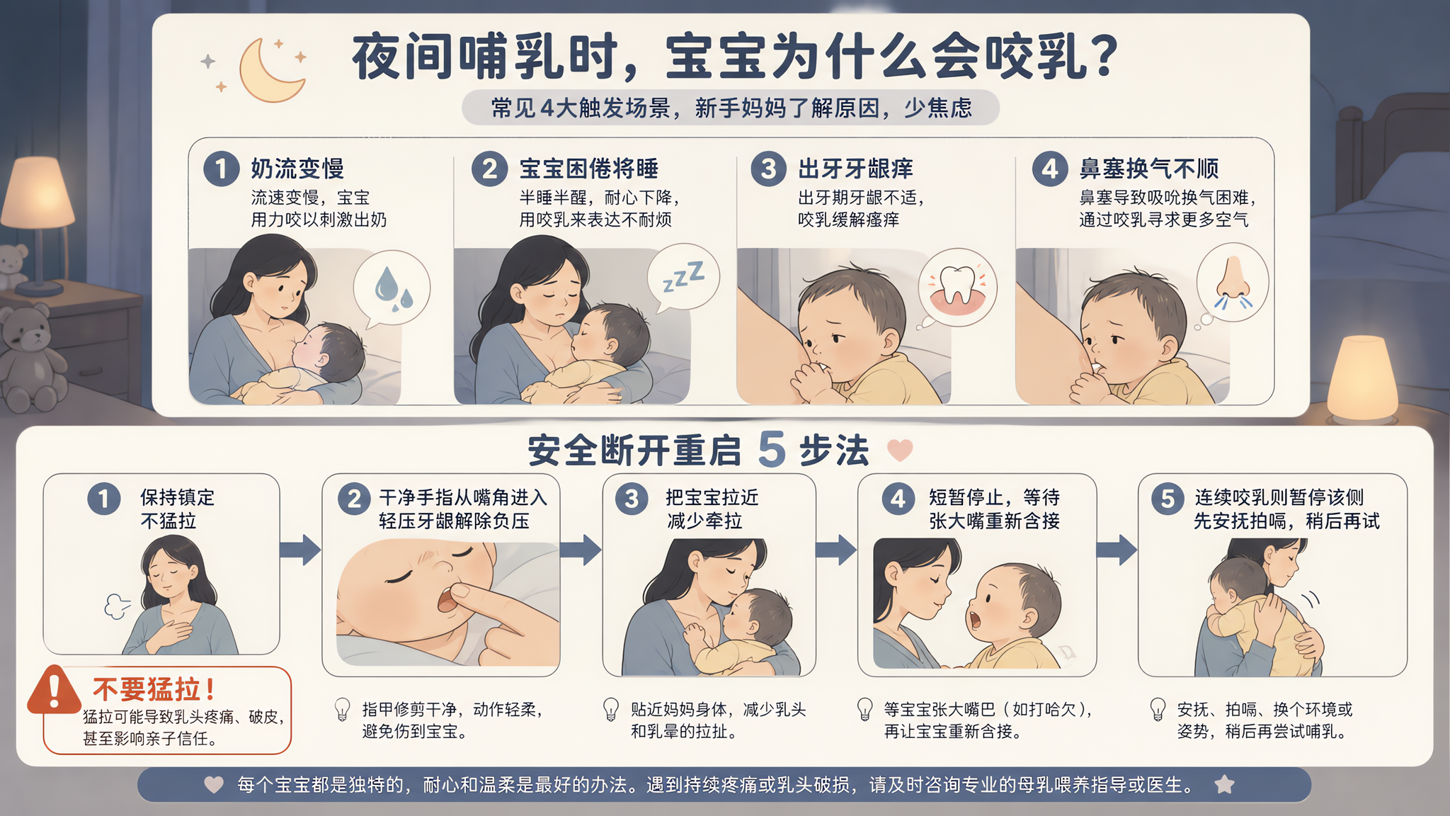 低饱和临床科普风插画，一张竖版信息图，画面分为上下两部分；上半部分为“四格漫画”展示中国年轻妈妈夜间