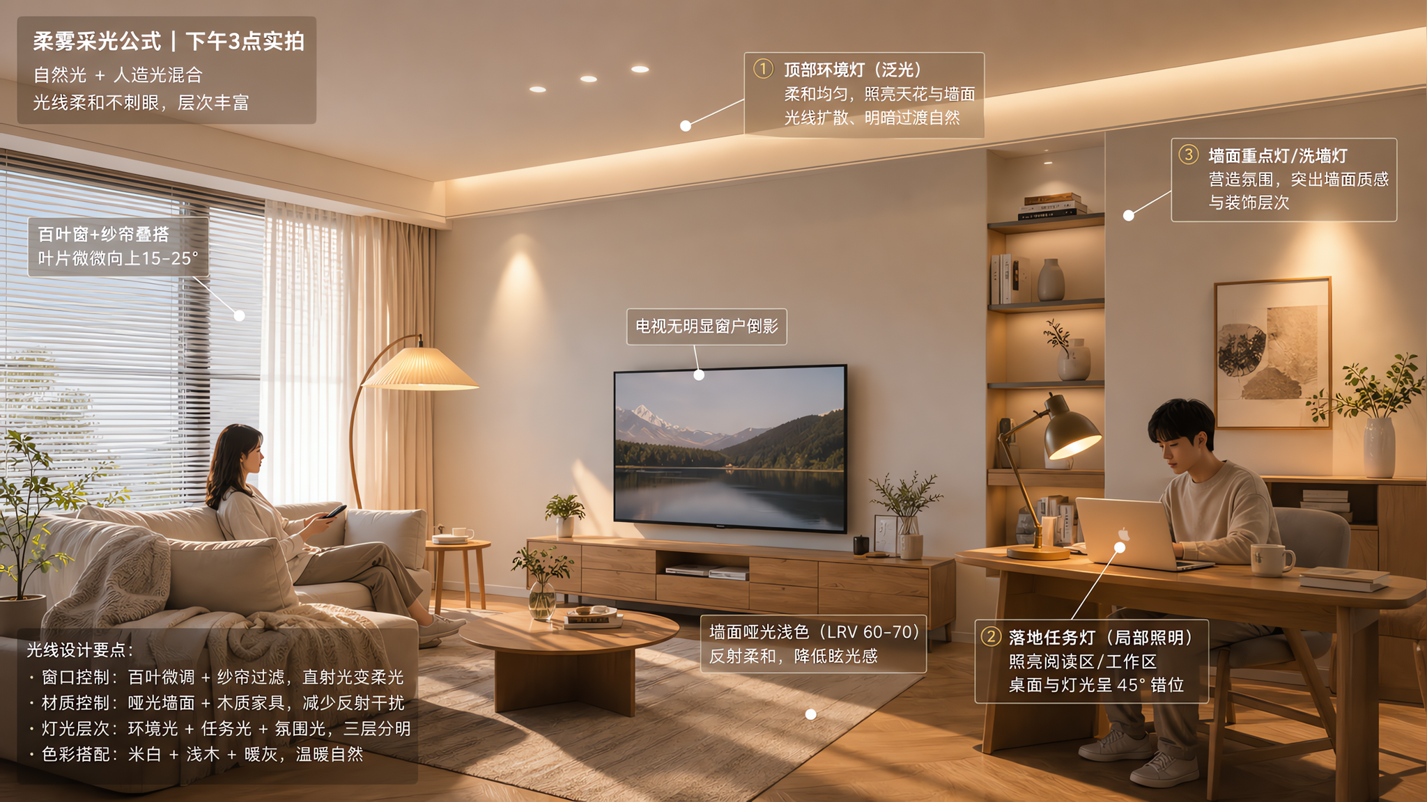 午后屏幕反光刺眼？用“窗+面+光”三步做出柔雾采光