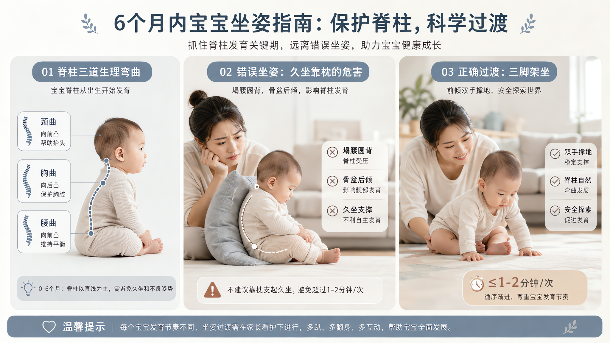 三联画科普海报风格，莫兰迪灰蓝与暖米色配色，室内明亮客厅场景，中国婴儿（6个月内形象）与中国年轻妈妈