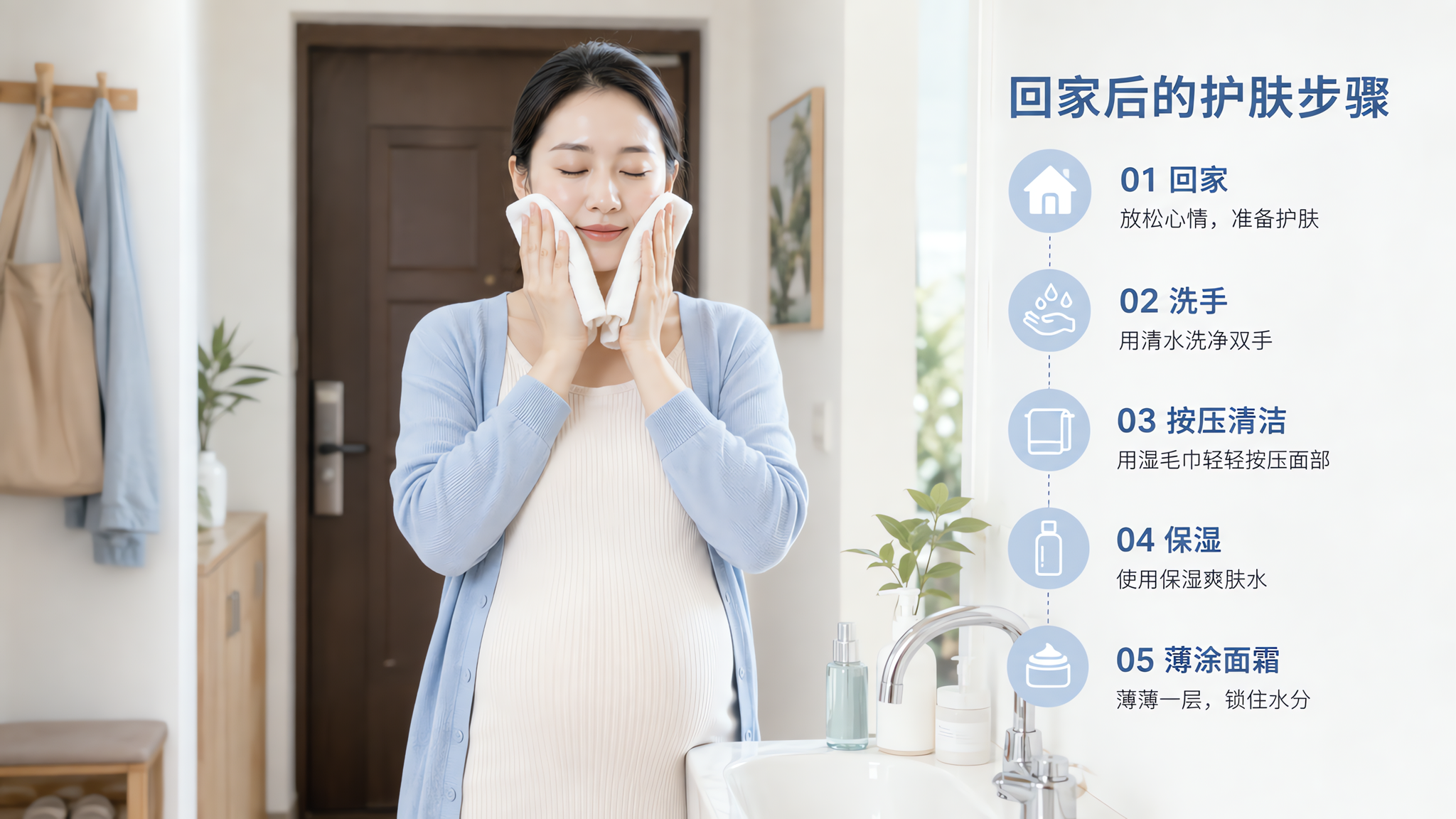 中国孕妈刚回到家门口的玄关区域,手里拿着干净的柔软毛巾,旁边洗手台与清水龙头可见,画面表现“回家→洗