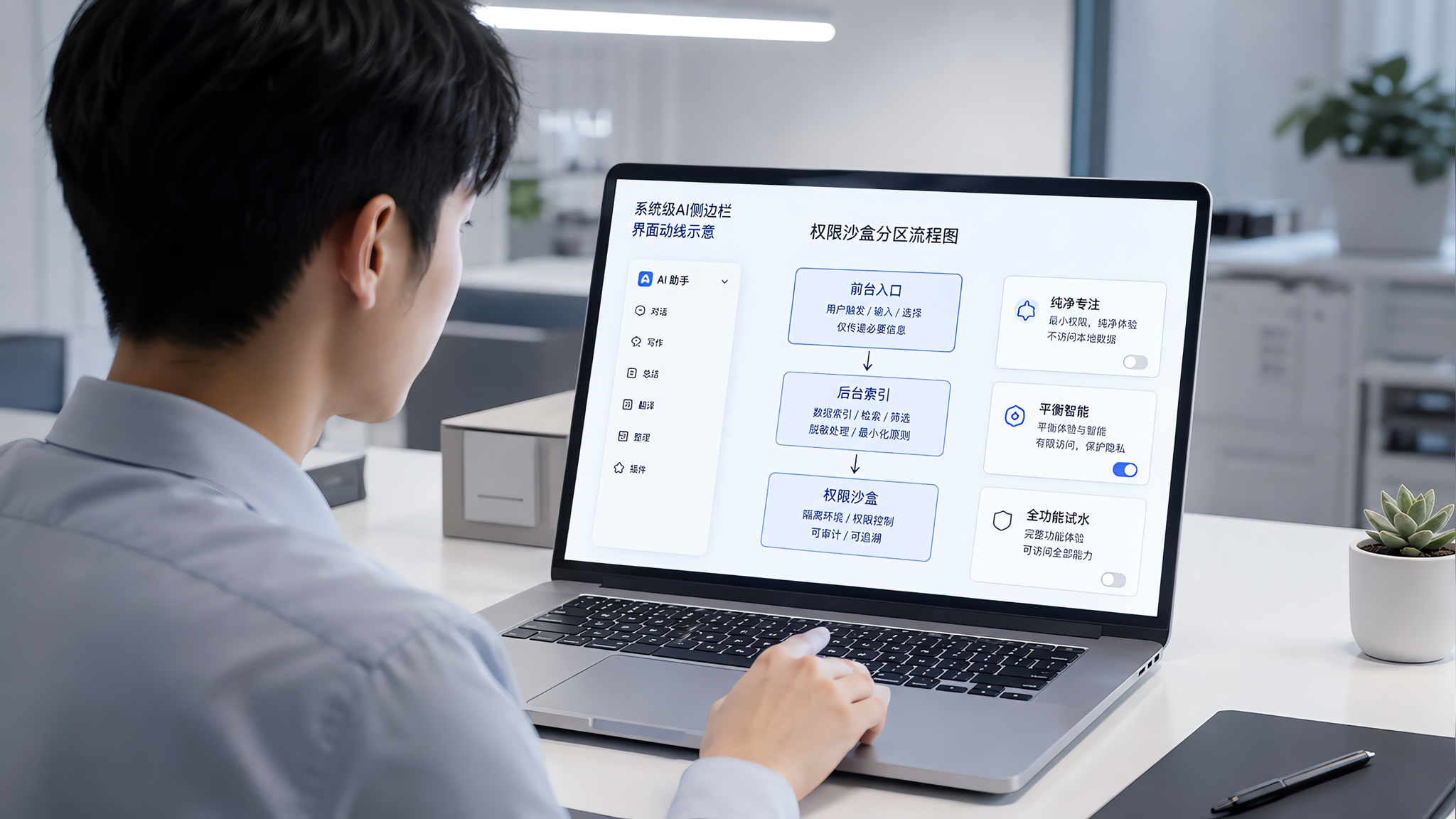 中国年轻职场人士坐在简洁现代的办公桌前,正看着笔记本电脑屏幕,屏幕上展示“系统级AI侧边栏”的界面动