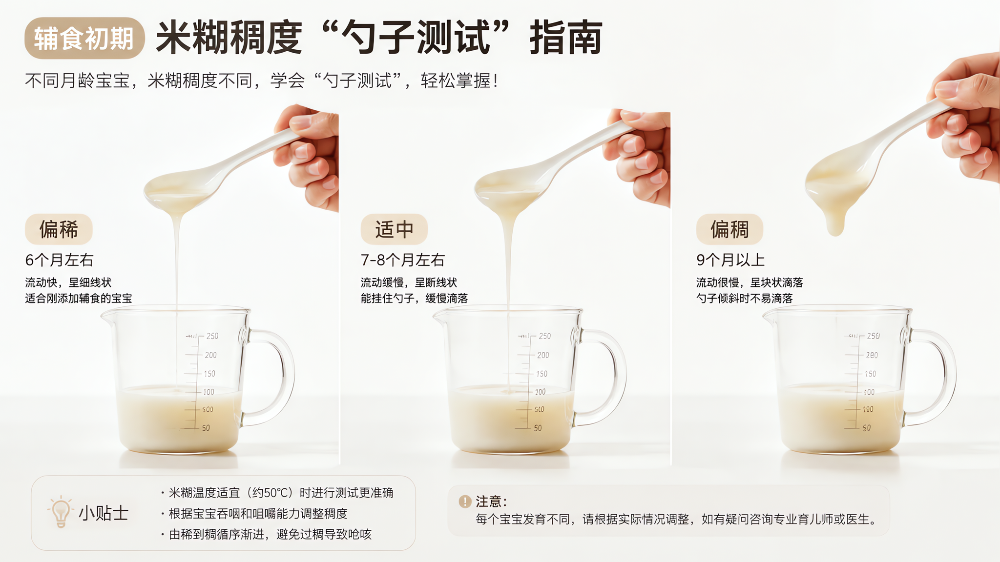 三格对照构图的生活方式摄影风格画面，白色背景桌面上摆放刻度量杯与同款量勺，三把勺子分别盛放不同稠度的