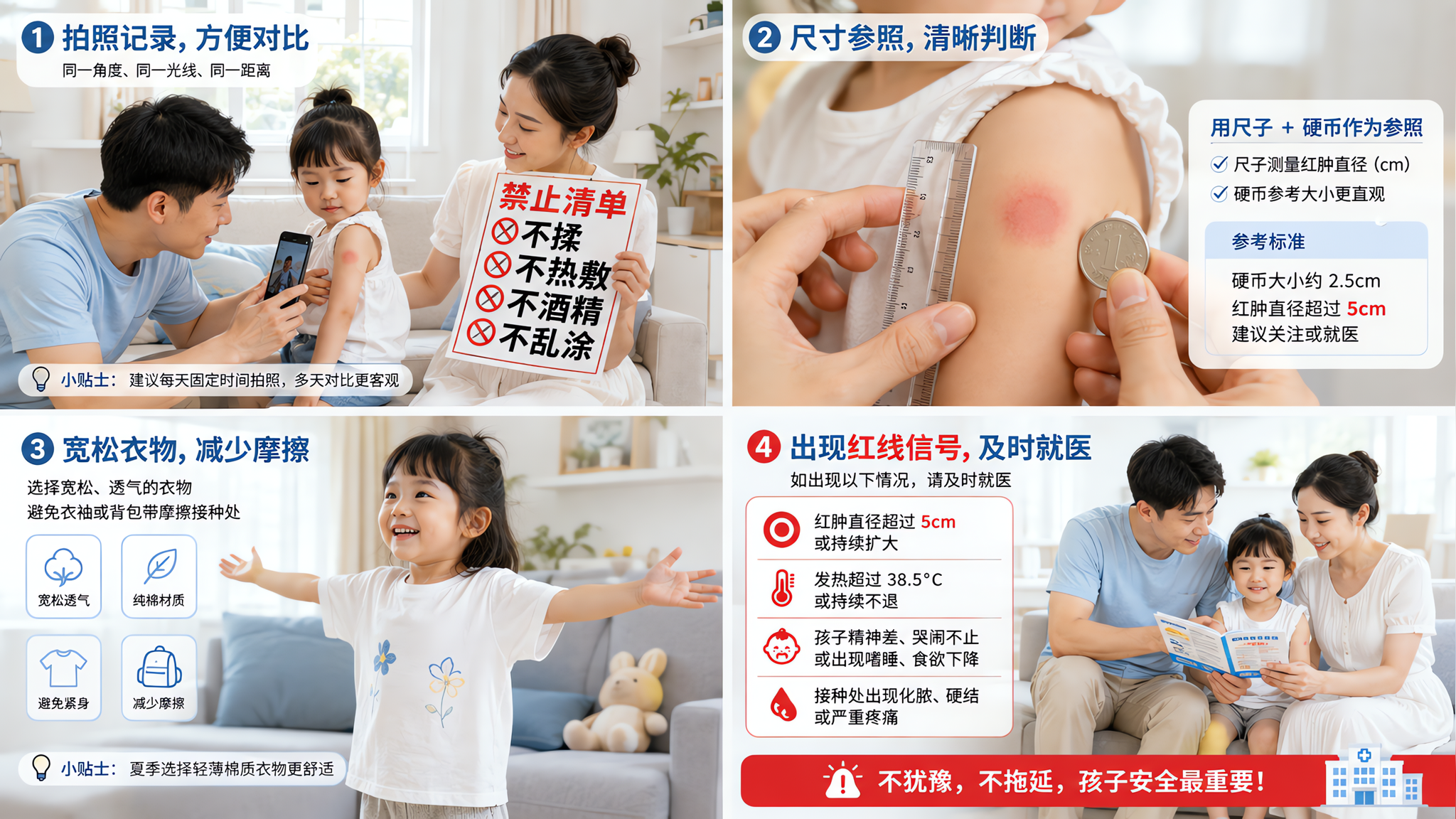 中国年轻父母在家中明亮整洁的客厅里照看中国幼儿，幼儿抬起手臂露出接种部位，爸爸用尺子和硬币作为参照给