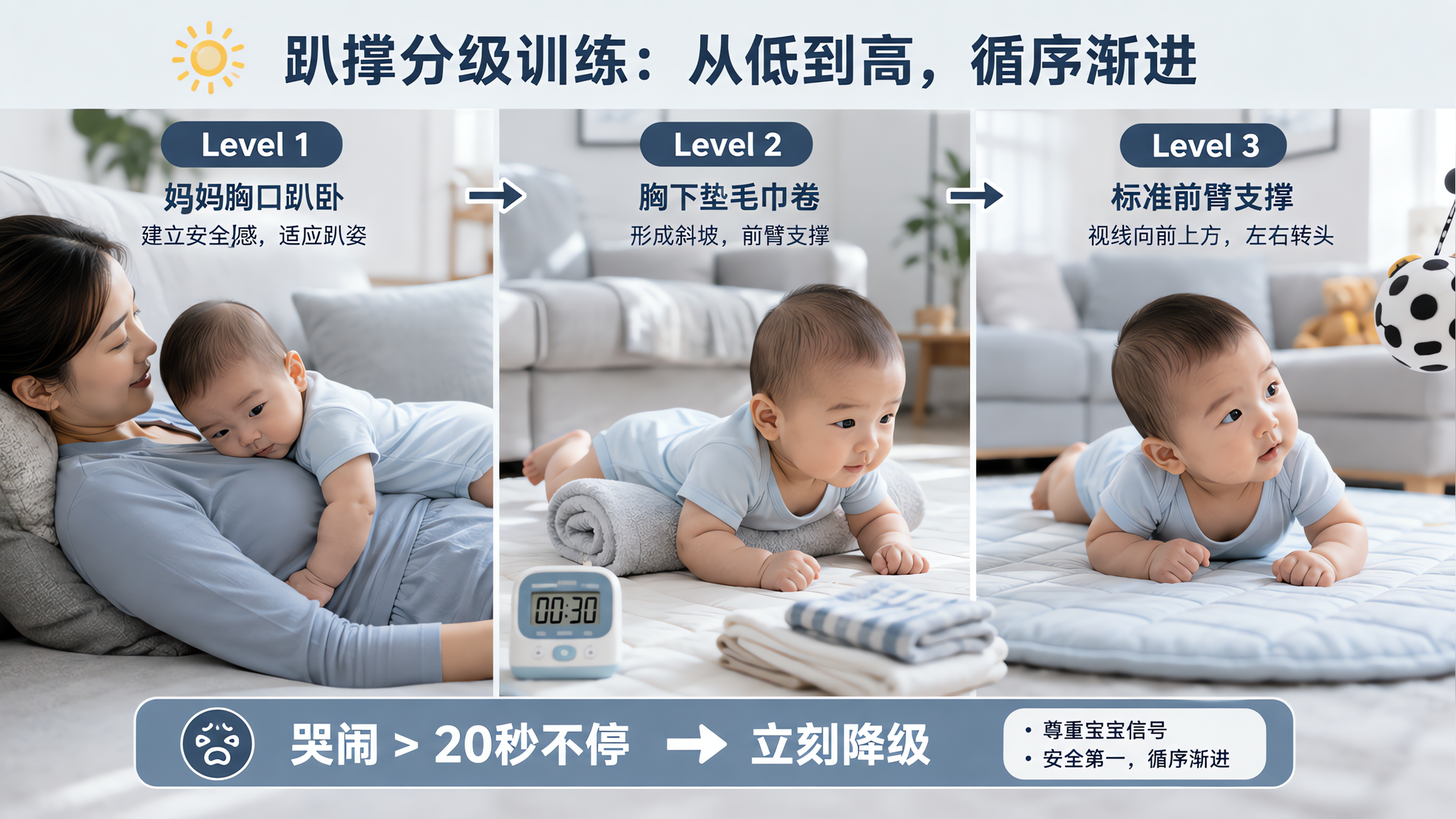 宝宝夏天一趴就哭？别拼时长，先做支撑角度三分级