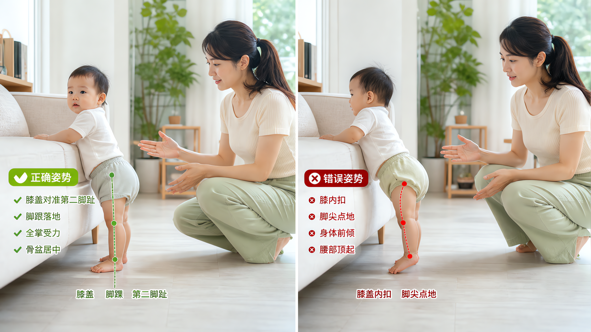 明亮整洁的中国家庭客厅场景,沙发旁一位中国幼儿(约10-18个月)扶着沙发站立,画面分为左右对比构图